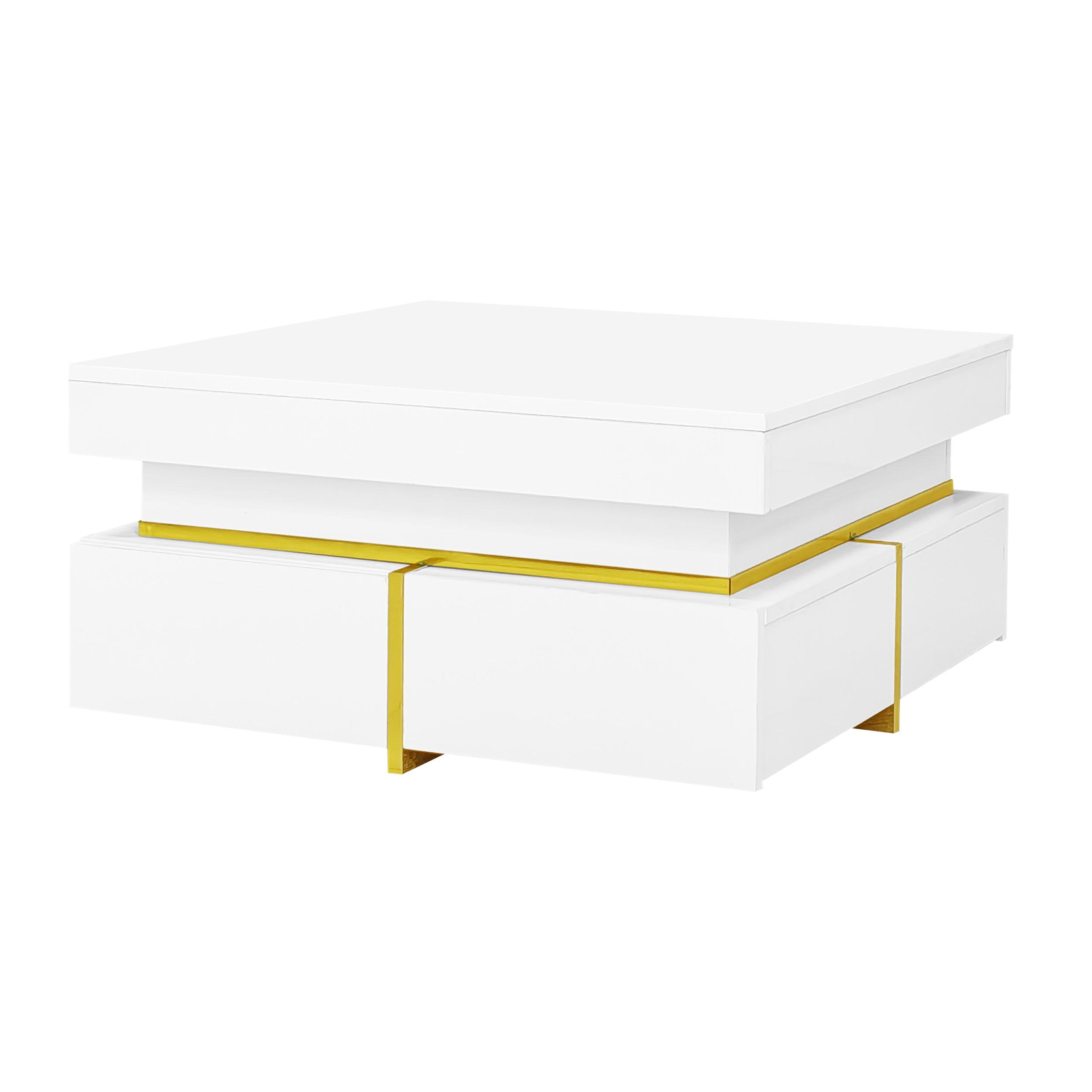 Couchtisch Weiß Hochglanz 70x70 cm Zwei Schubladen MDF für Wohnzimmer moderne Haushalte