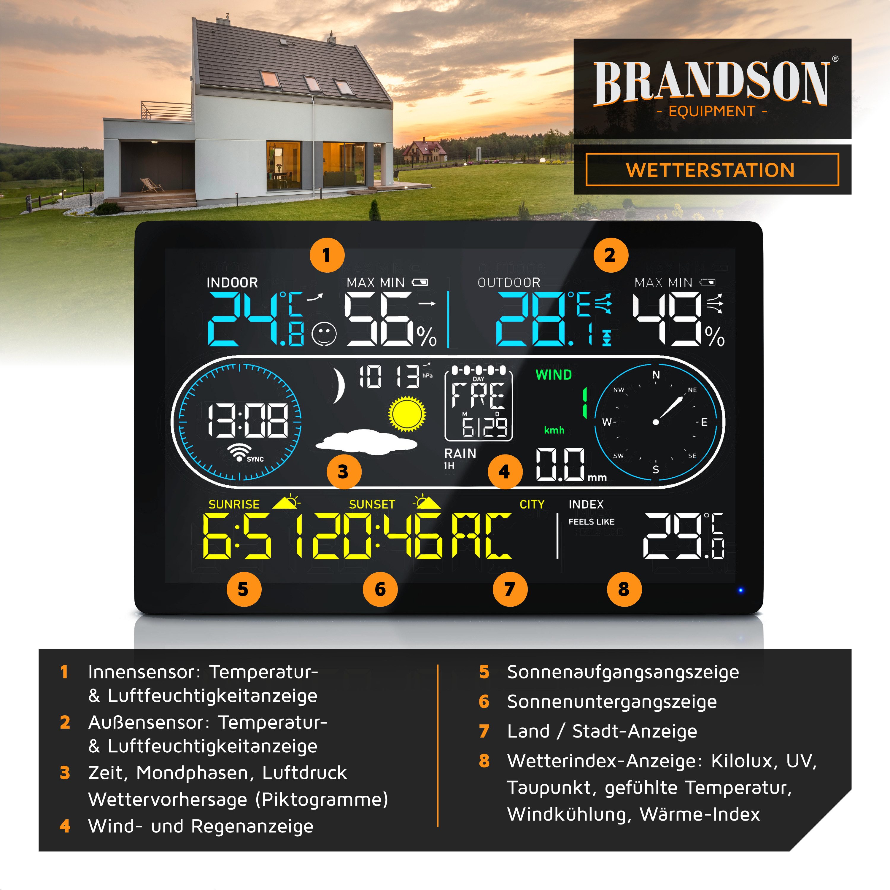 Wetterstation 7in1, WLAN, Funk, Außensensor, Temperatur Luftfeuchtigkeit Luftdruck