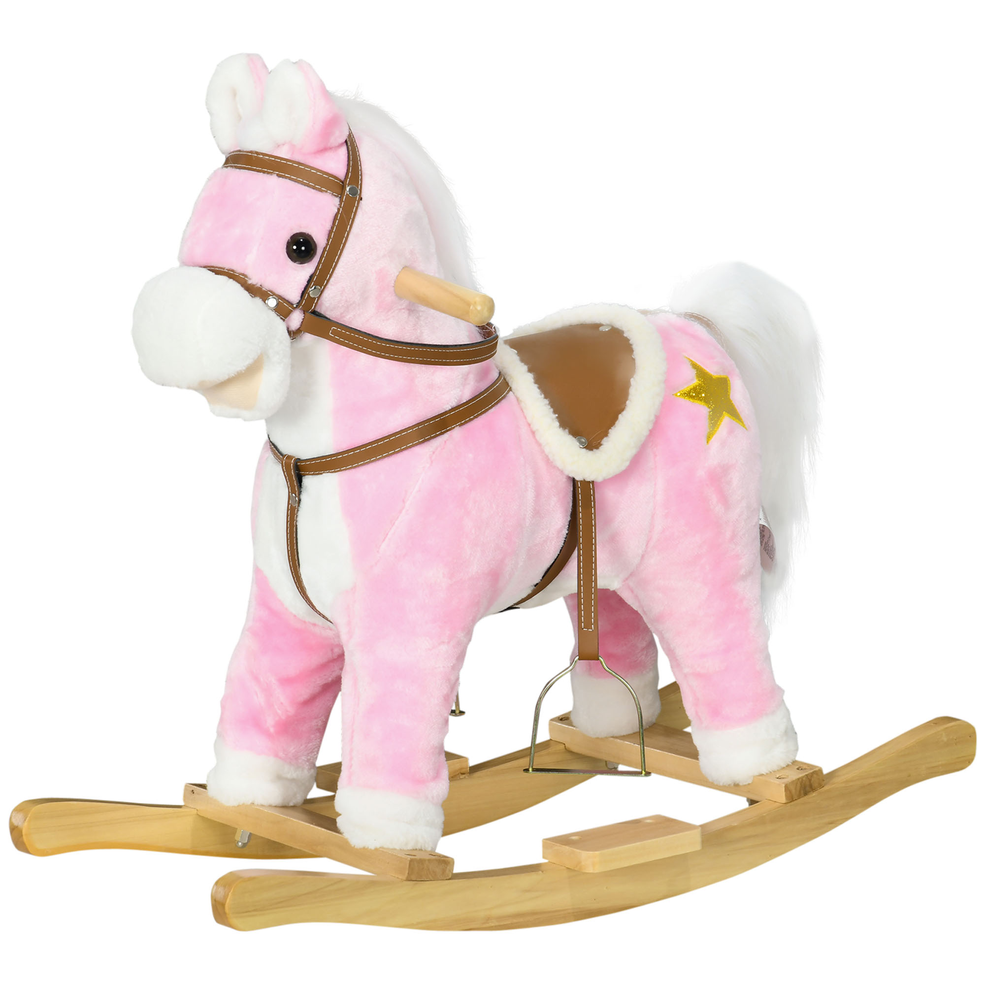 HOMCOM Schaukelpferd, Sattel mit Steigbügeln, Soundeffekte, Musik, Plüschkörper, Metallrahmen, bis 30 kg, pink