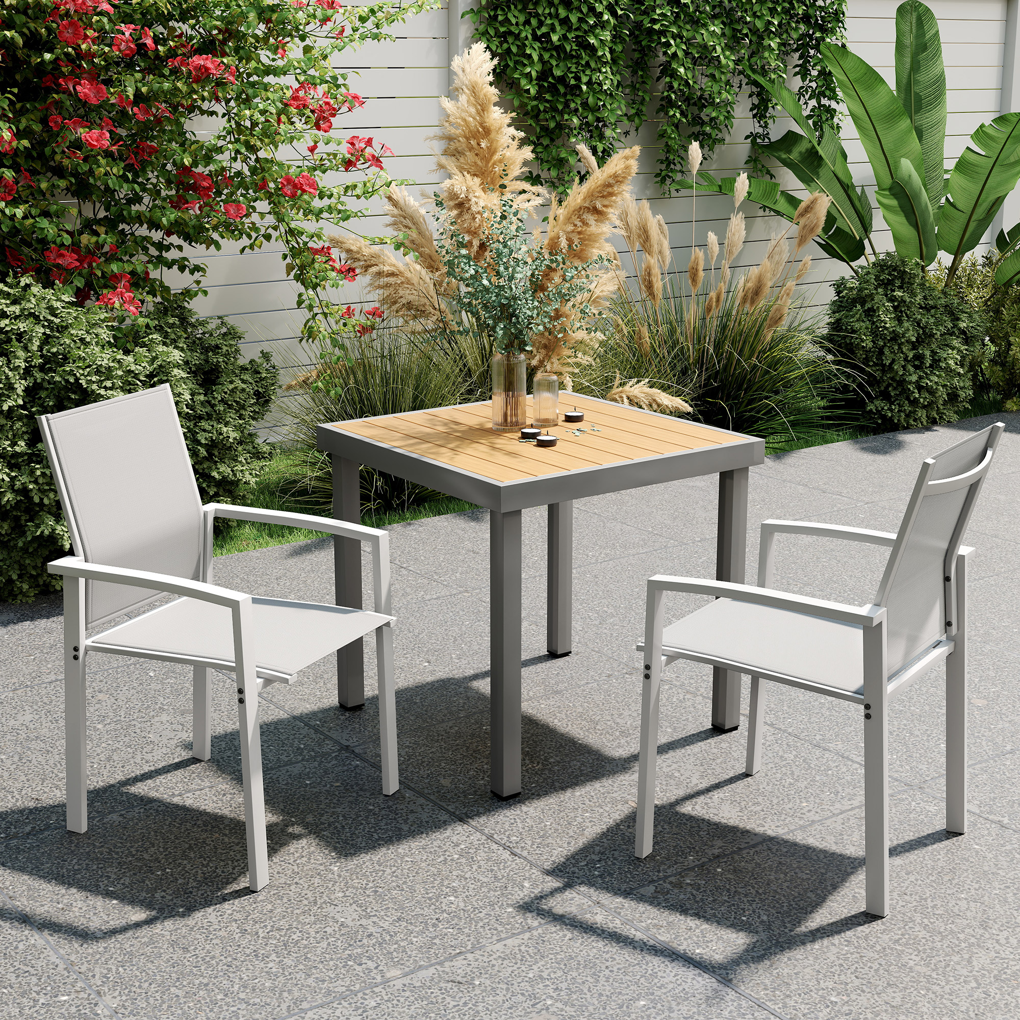Outsunny Set 2 Stapelbare Gartenstühle mit atmungsaktiver Sitzfläche, aus Stahl und Textilene, 56x58x89 cm, Hellgrau