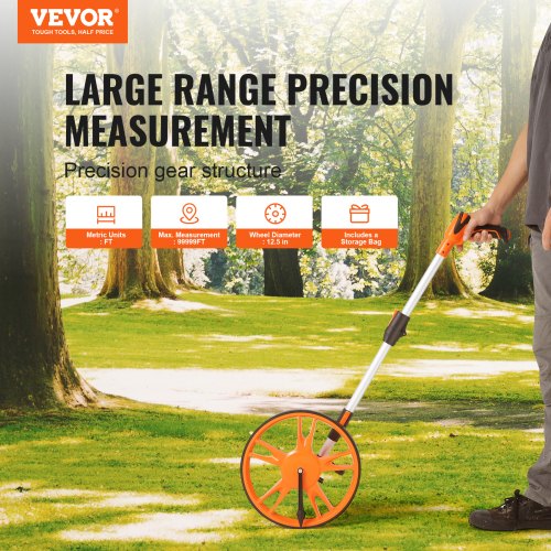 VEVOR Messrad 99999 Fuß Präzisions Messrad ±0,5% Messroller Rolltacho mit Teleskopstange 39,37-15,75 Zoll Vermessungsrad φ12,5 Zoll Streckenmessgerät aus ABS + Aluminiumoxid inkl. Tragetasche