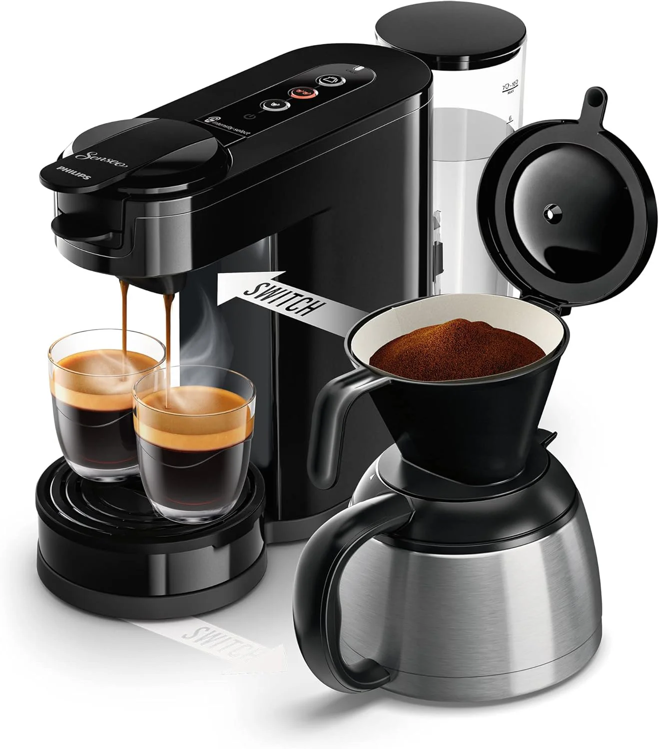 Philips Senseo Switch Pad- und Filterkaffeemaschine, 2-in-1-Br��htechnologie, 1-Liter-Wasserbehlter, 7 Tassen in einem Durchgang, Klavierlackschwarz (HD6592/64)