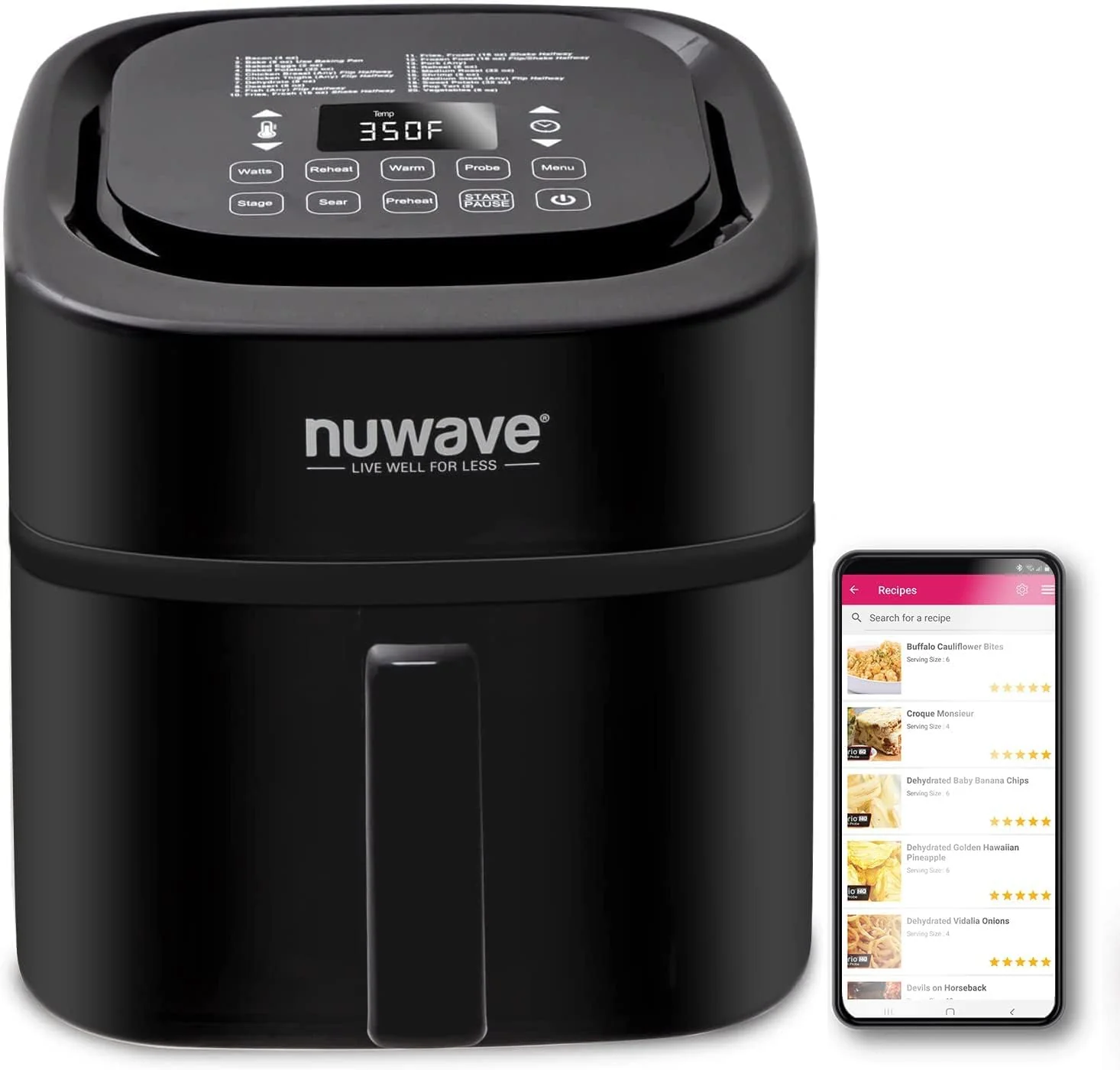 Nuwave Brio 15.5Qt Air Fryer/Oven quickly reheats, bakes, and dehydrates food with a temperature control range of 50°-425°F 1800W.