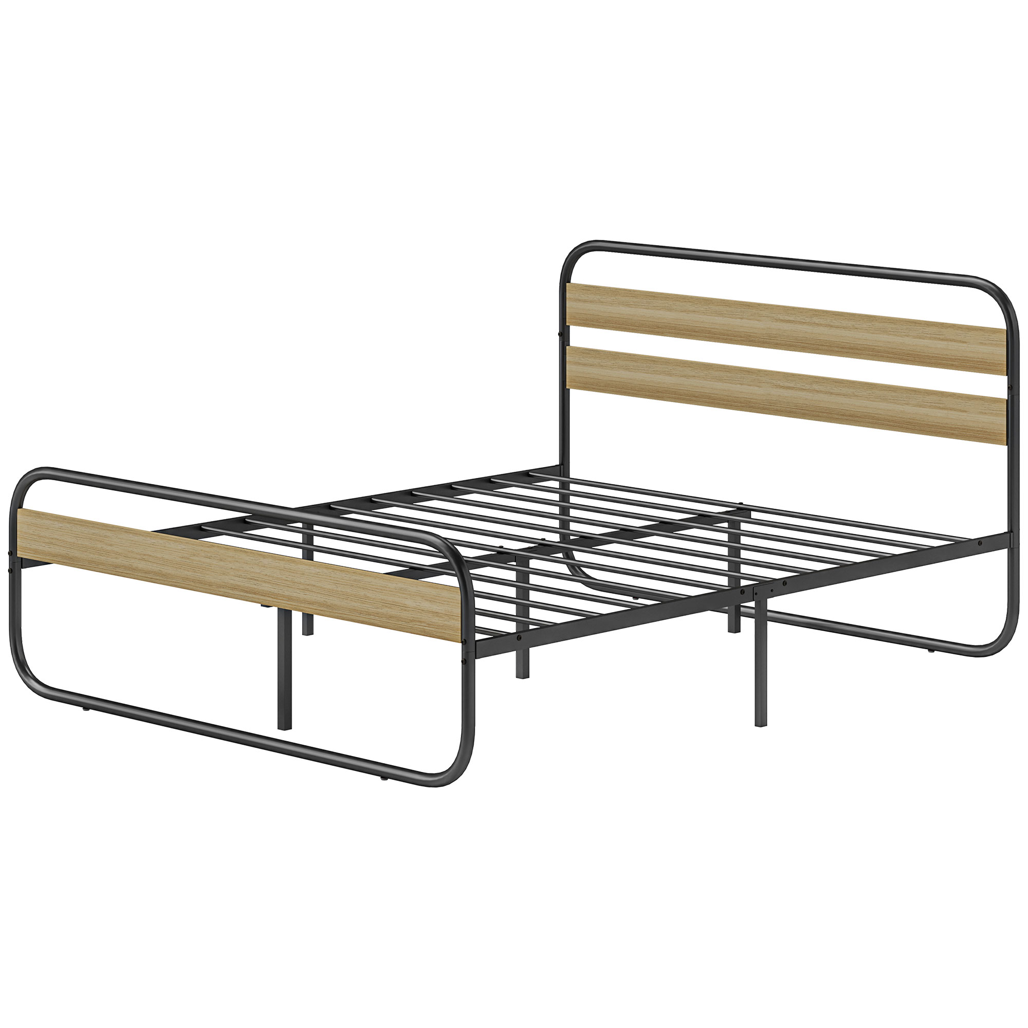 HOMCOM Doppelbett 160 x 200 cm, Industriestil Stahlbettgestell, Kopf- und Lattenrost inklusive, Holzoptik