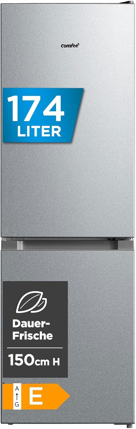 Comfee‘ Kühlschrank mit Gefrierfach 174L, Höhe 150cm, Kühl-Gefrierkombination-115L Kühlteil, 59L 4 Sterne Gefrieren -24℃, LED-Licht, Low Frost für kleine Wohnungen, Büros, RCB169DS2(E) Silber