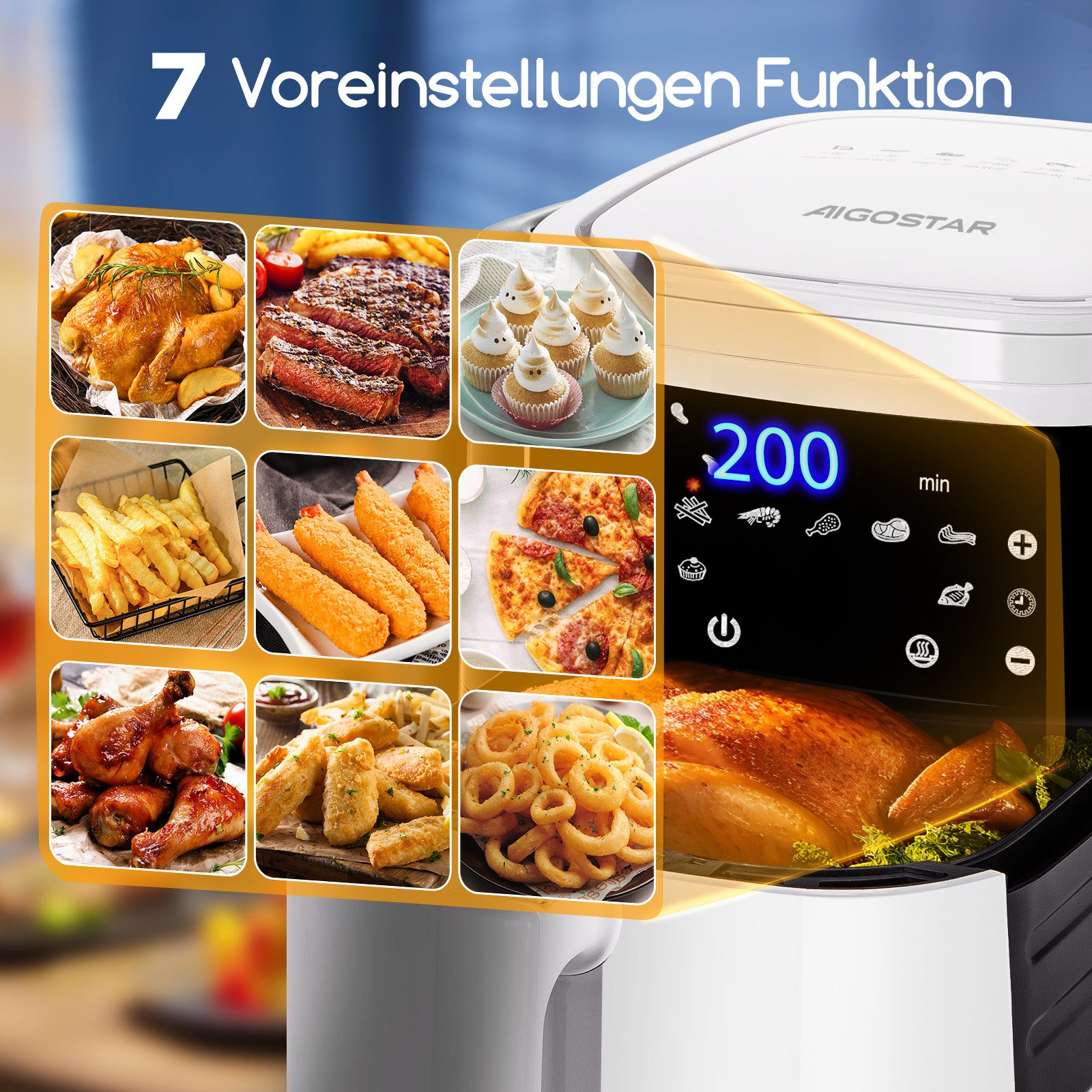 Heißluftfritteuse Cube - 7L 1900W Airfryer mit LED-Touchscreen, 7-in-1, Ohne Öl, 90% weniger Fett