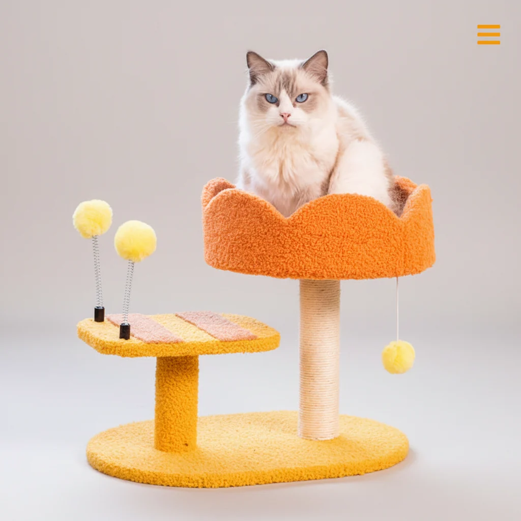 Cat Perch Station �C Flower Bowl Perch, Sisal Scratching Post & Spring Ball Toy