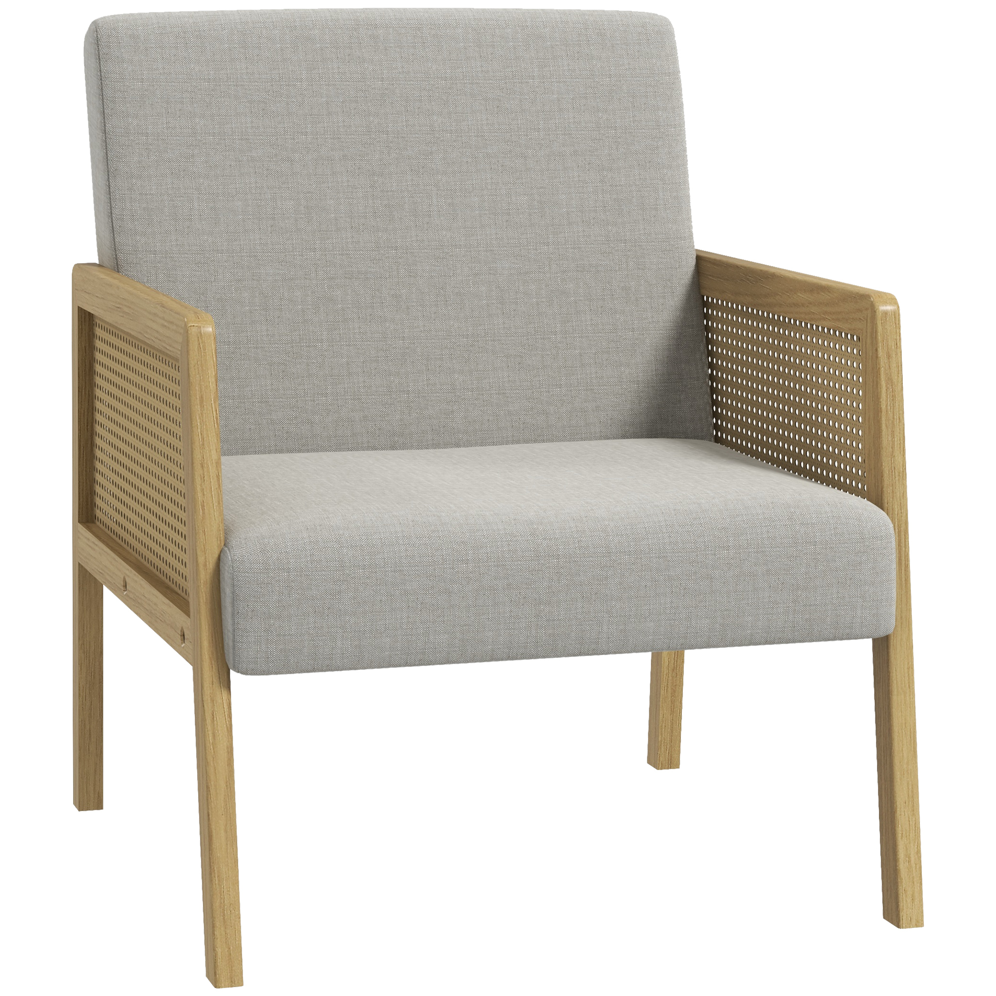 HOMCOM Akzentsessel, Armlehnen in Rattanoptik, bis 120 kg, breiter Sitz, Naturholzrahmen, Boho-Design, grau, 65,5 x 72 x 78cm