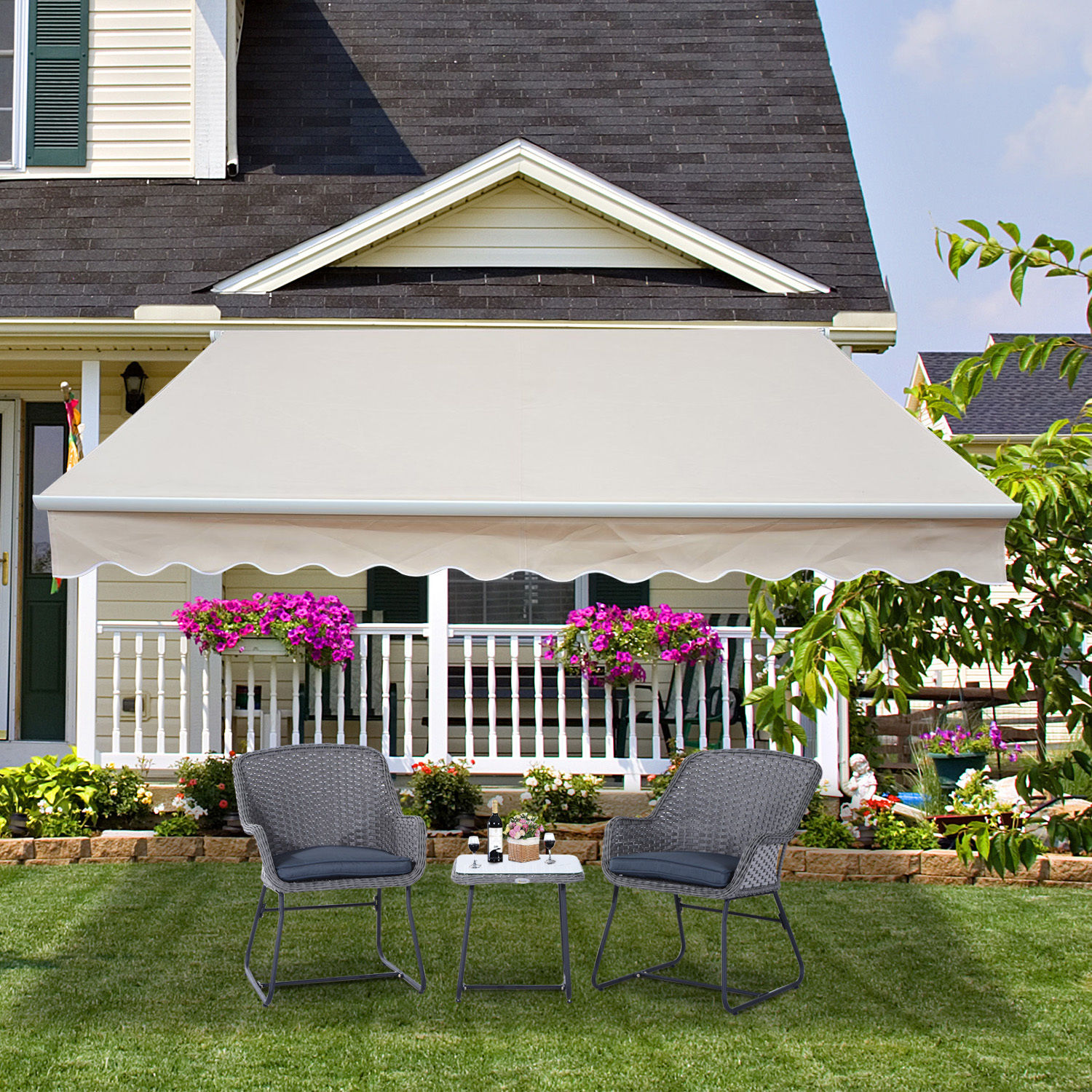 Outsunny Gelenkarmmarkise Verstellbare Klemmmarkise Terrassenmarkise 4,5 x 3m Sonnenschutz mit Kurbel, Balkonmarkise, Beige