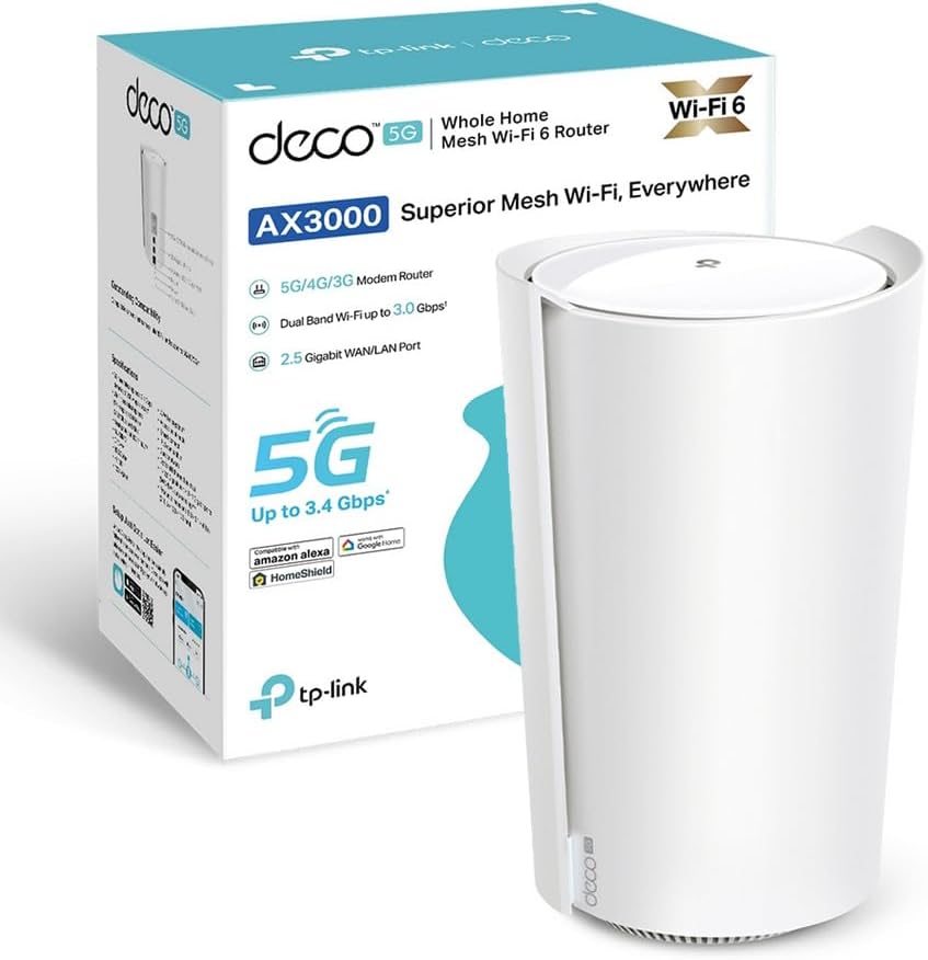 TP-Link Deco X3000-5G Router con Sim, 5G Mesh WiFi 6, AX3000Mbps Dual Band, Modem Ultraveloce con Velocità Fino a 3.4 Gbps, Porta WAN/LAN da 2.5 Gbps, Alexa, Plug&Play
