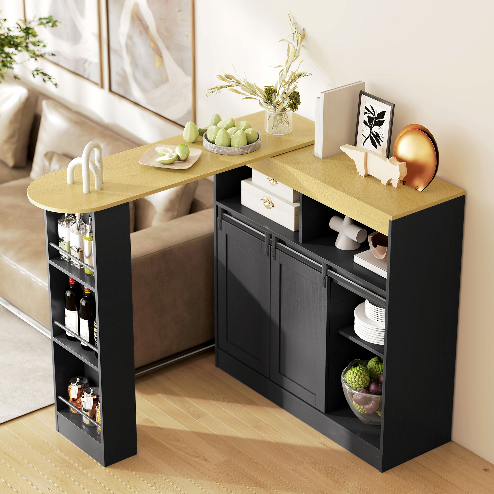 HOMCOM Ausziehbarer Bartisch, zu L-Form umwandelbar, viel Stauraum, 3 verstellbare Regale, Spanplatte, MDF, Schwarz