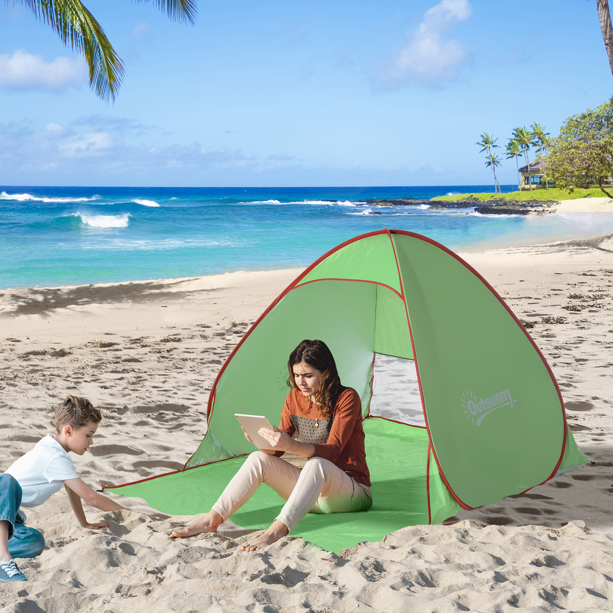 Outsunny Strandzelt Pop-up-Zelt faltbar automatischer UV-Schutz Rückfenster große Bodenmatte grün rot
