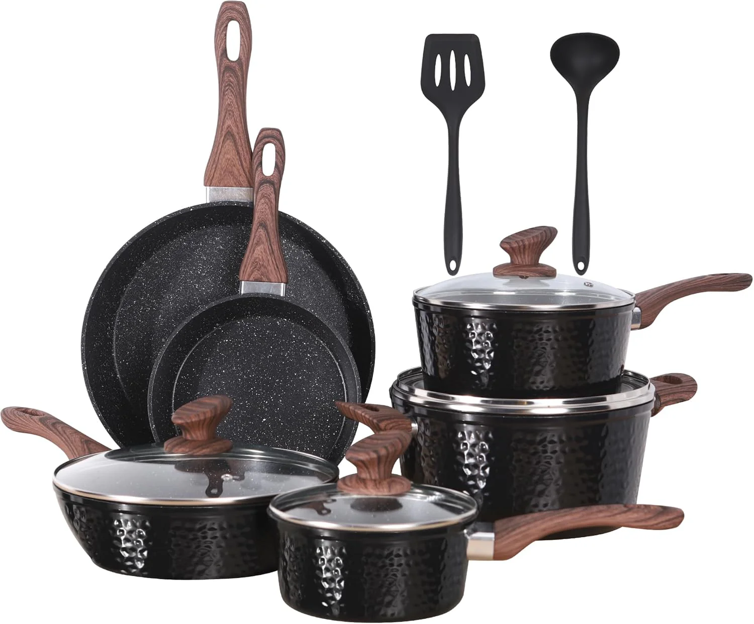 Induction Cookware Sets - 12 Piece Cooking Pan Set, Granite Black Nonstick Pots and Pans Set