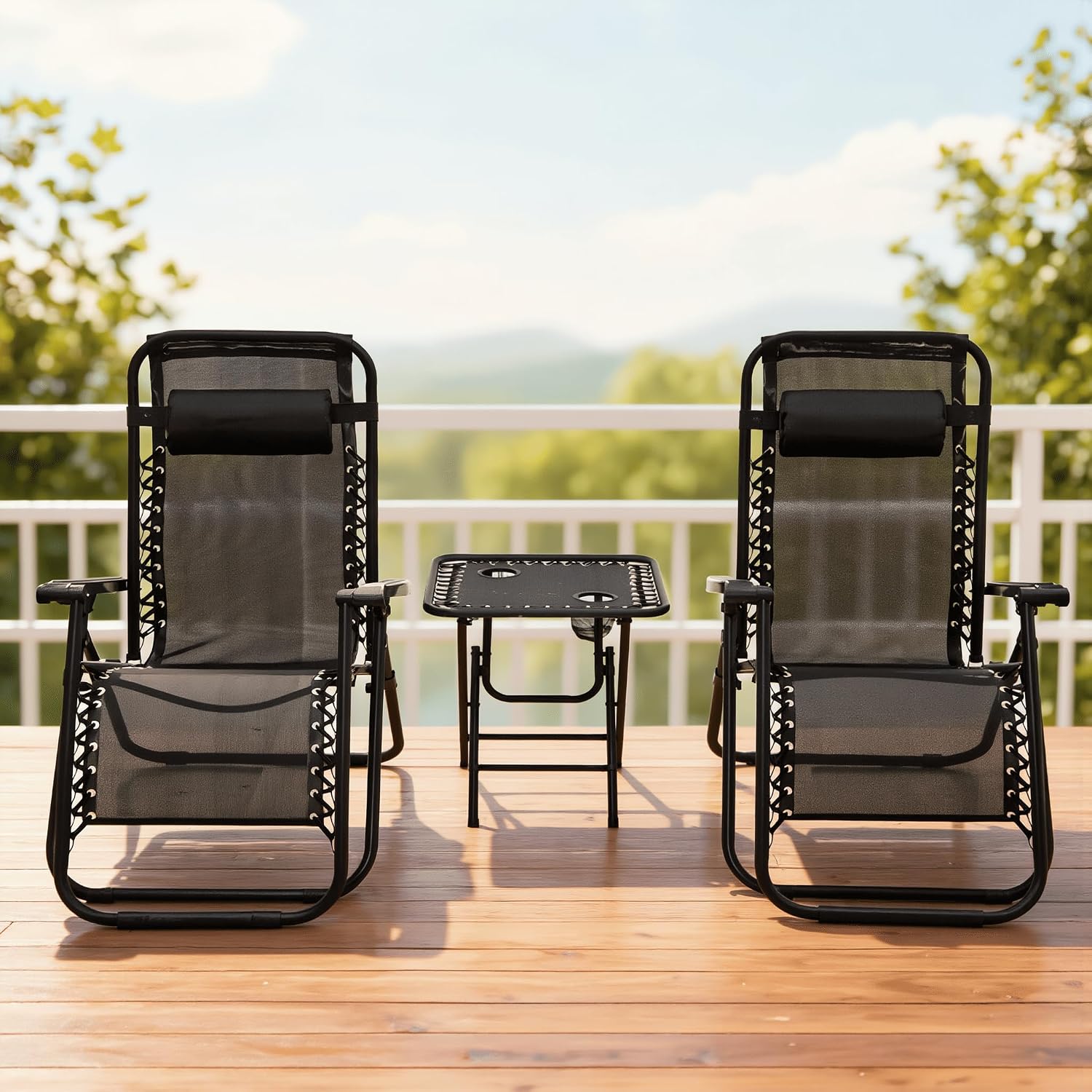 Set 2 Sdraio Zero Gravity con Tavolino 3 Pezzi – Sedia Reclinabile Pieghevole in Textilene Nero – Schienale Bloccabile – Struttura Acciaio – Portata 120 kg – Arredo Giardino Terrazzo Piscina