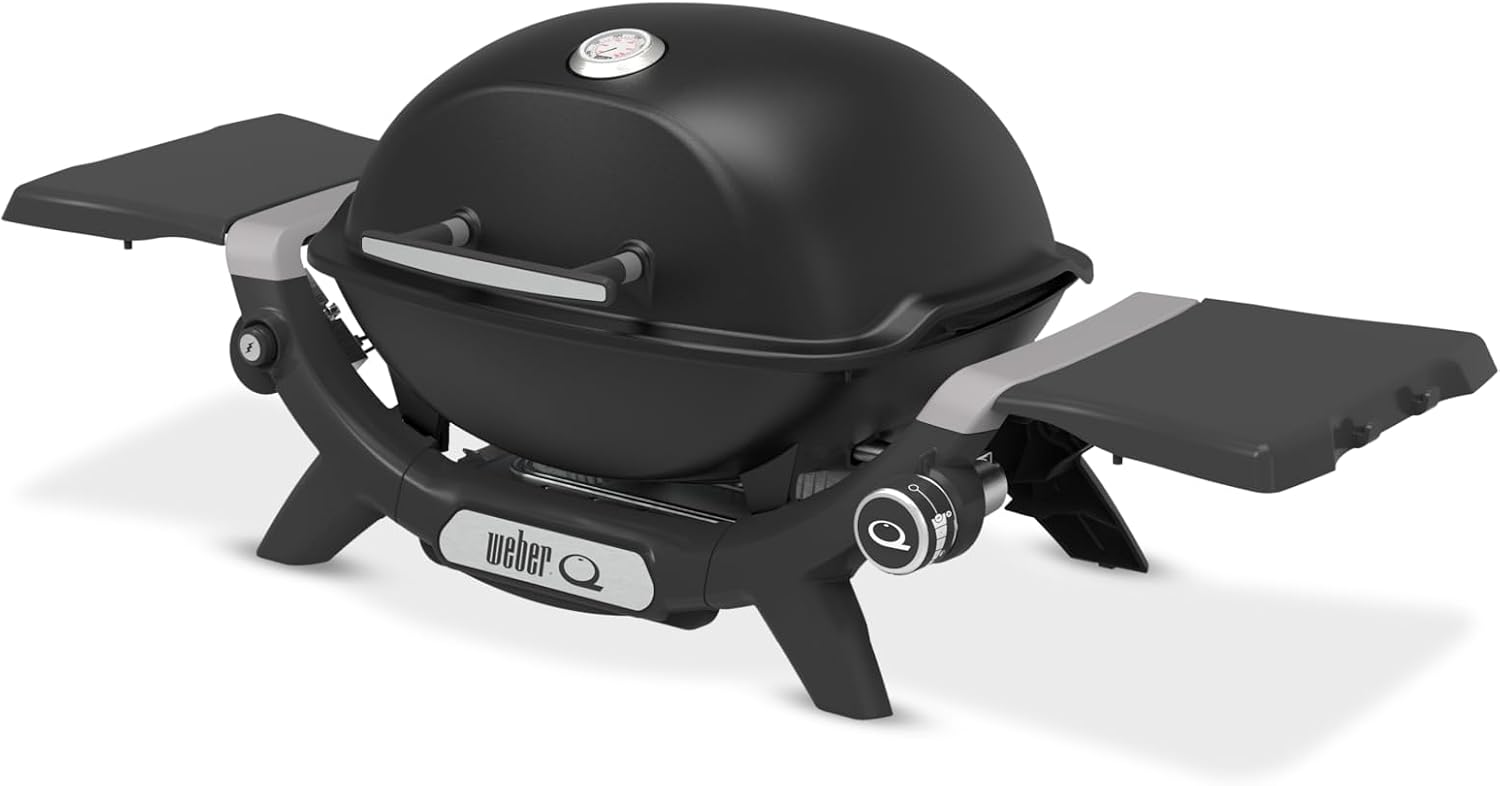 Weber Q 1200N Gasgrill mit Seitentischen/leichter Grill für Camping, Terrassen & Balkone mit Hochleistungsbrenner, porzellanemaillierten Gussrosten & elektronischer Zündung, Mitternachtsschwarz