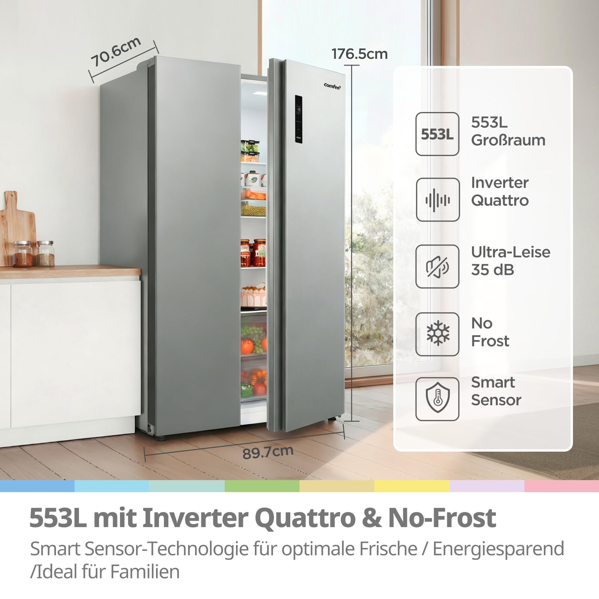 Side-by-Side Kühlschrank 553 L, No Frost, 35 dB, Titan-grau, freistehend mit Inverter-Kompressor