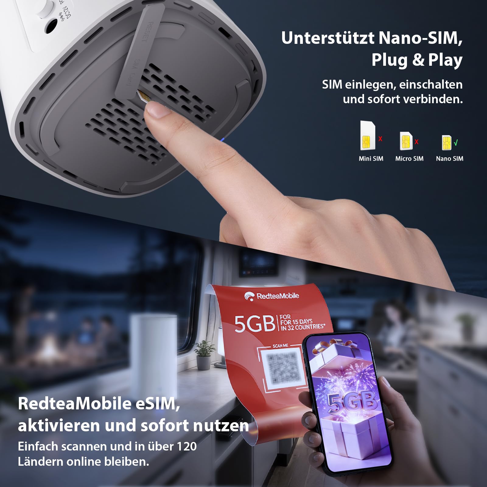 5G-Mobilfunkrouter AIRHOME1501 mit SIM-Kartensteckplatz WiFi 7 BE3600 Dualband bis zu 3,2 Gbit/s WAN Backup NFC WPA3