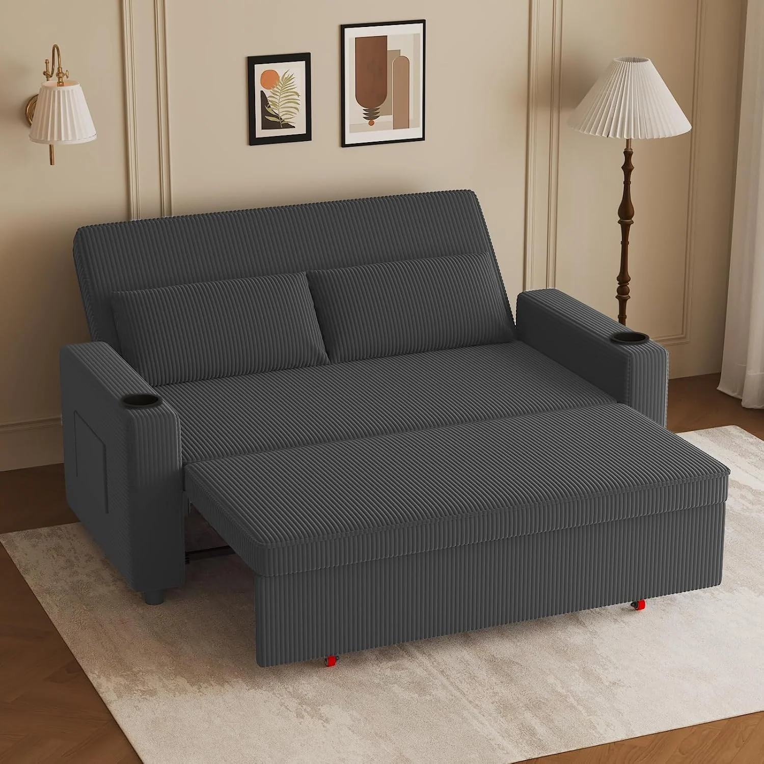 JUMMICO Schlafsofa 2 Sitzer klein Sofa mit Schlaffunktion Schlafcouch Ausziehbar mit Kissen Couch Cord-Bezug Klappsofa Für Wohnzimmer Schlafzimmer,75
