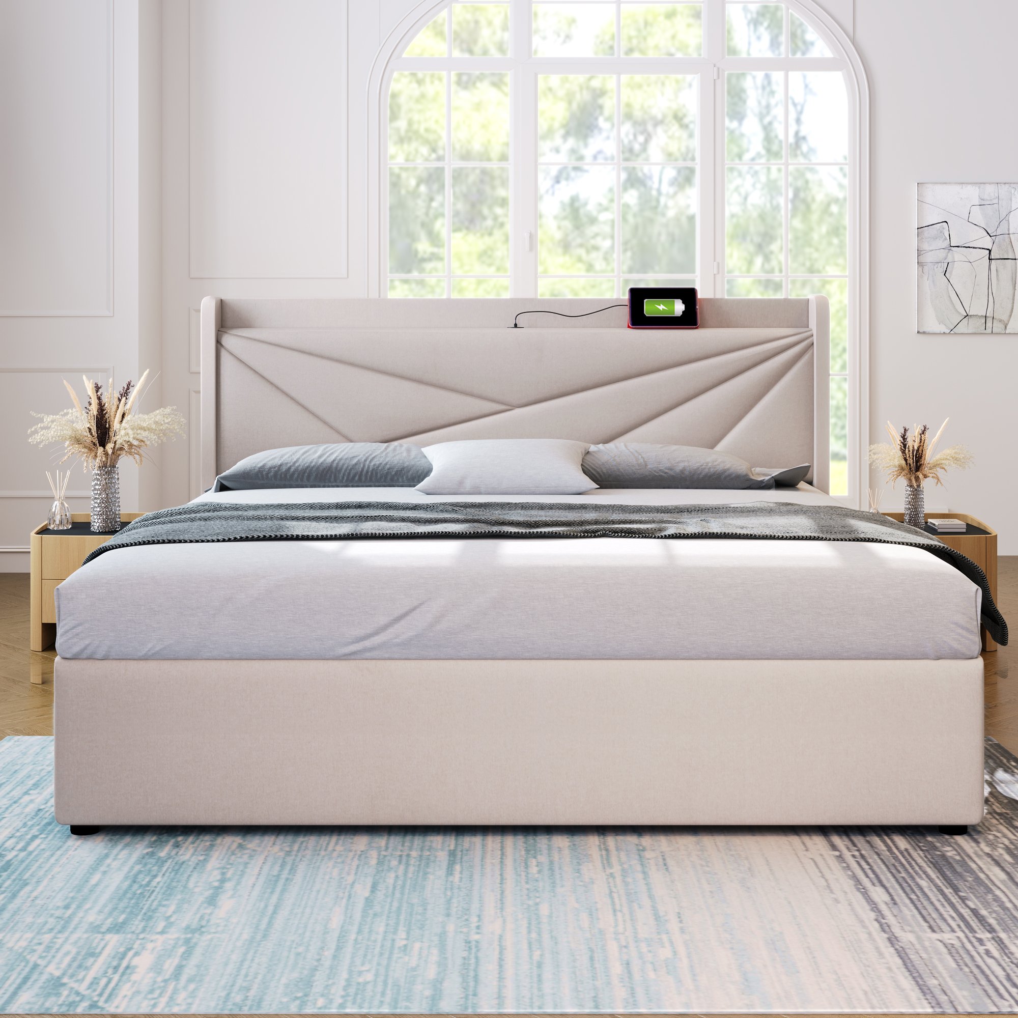 Doppelbett mit Stauraum, USB-Typ-C-Ladefunktion und Bettgestell aus Leinen, ohne Matratze 160x200, Beige