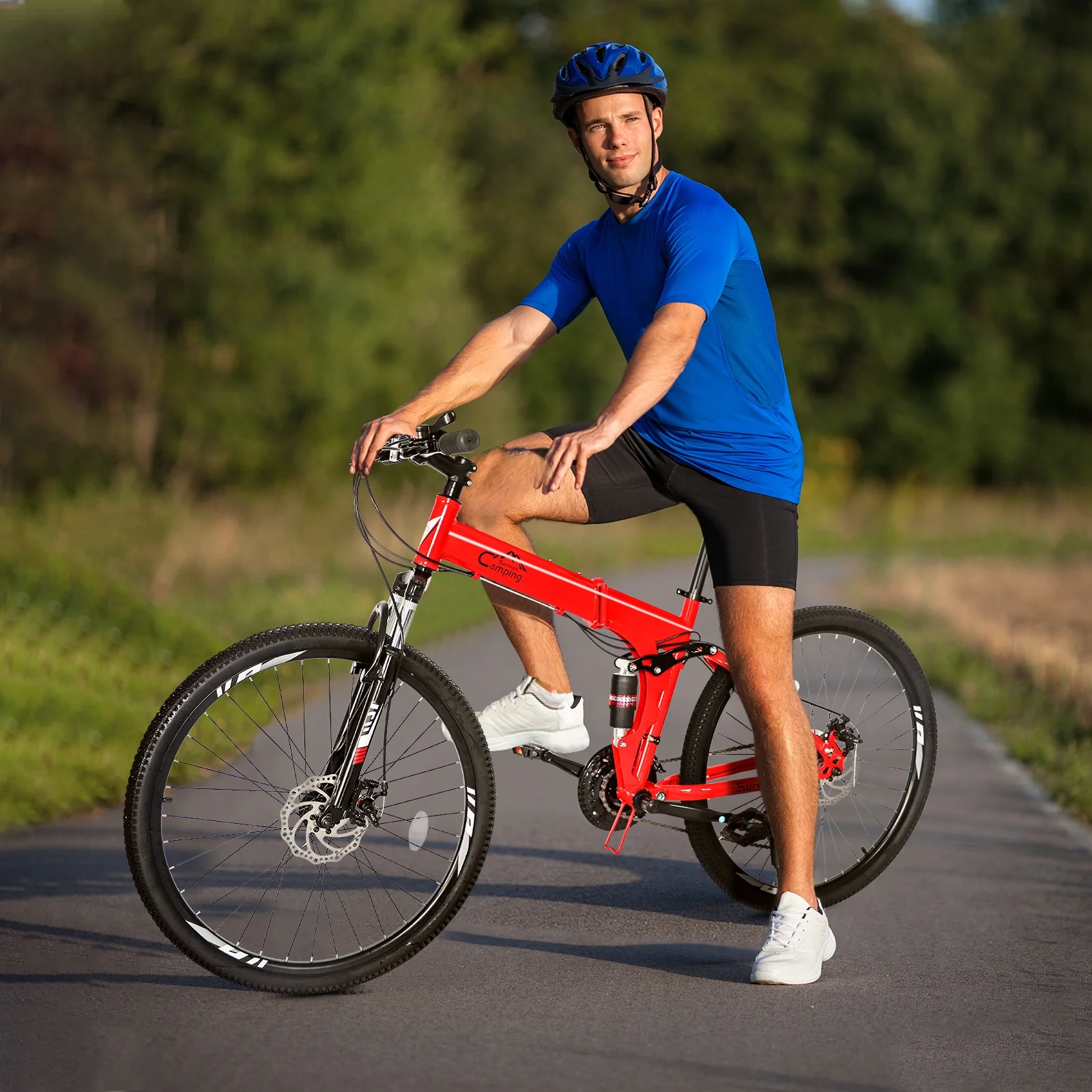 iRerts 26&prime;&prime; Folding Mountain Bike, 21 Speed, Dual Disc Brakes, Carbon Steel Frame, Adjustable Saddle, Red/Black