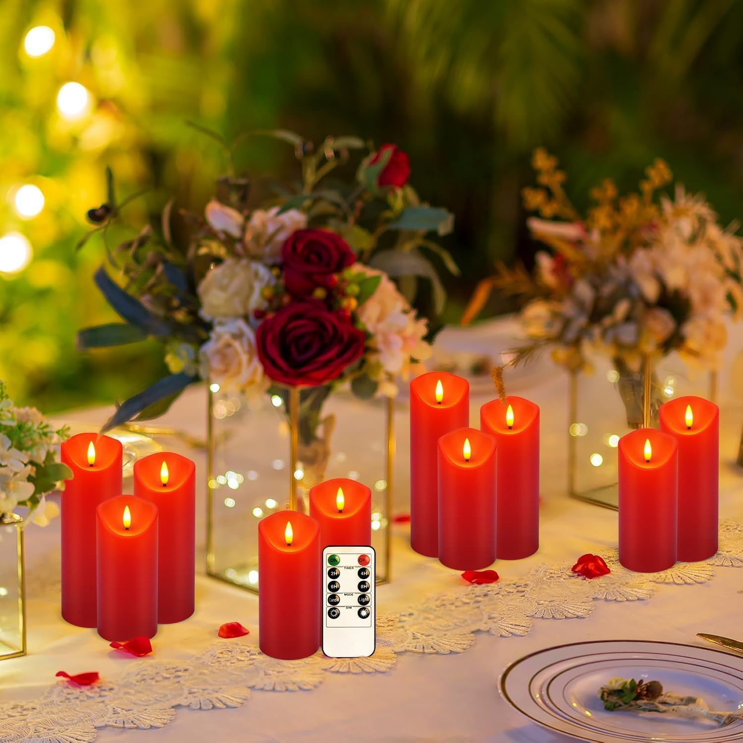 Flackernde flammenlose LED-Kerzen, batteriebetriebene Stumpenkerzen mit Fernbedienung, für Neujahr, Heimdekoration, Partys, Hochzeiten, 24 Stück (T 5 x H 12,7 cm, 15,2 cm, 17,8 cm, Rot)