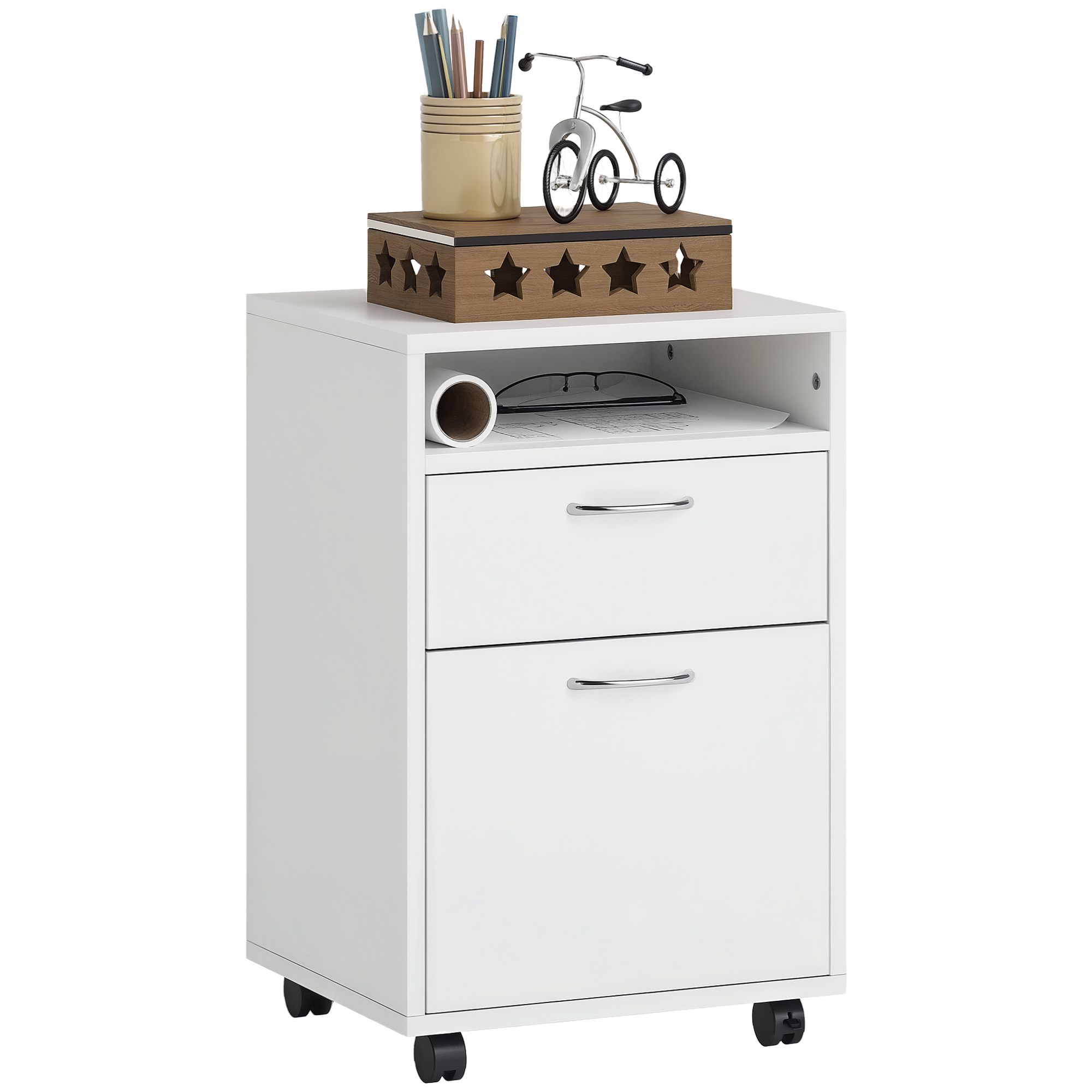 HOMCOM Rollcontainer, Aktenschrank, Bürocontainer mit Schublade, Büroschrank, Aufbewahrung Container, Spanplatte, Weiß, 40 x 35 x 60 cm