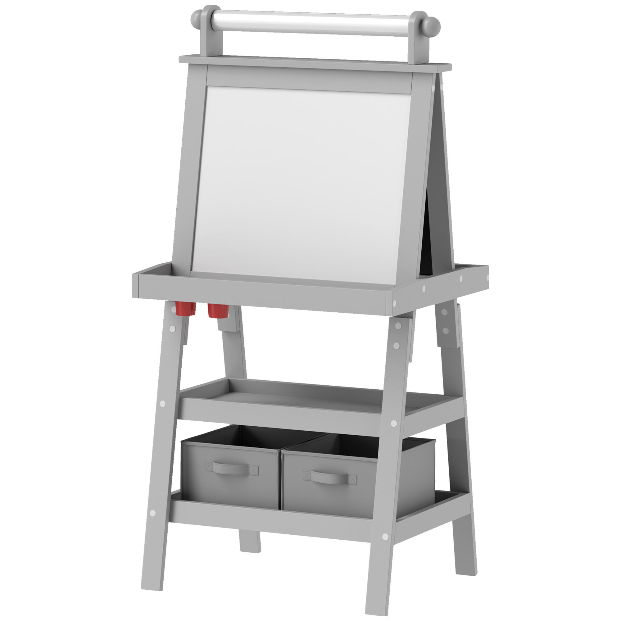 AIYAPLAY Kinderklappstaffelei 3 in 1 mit magnetischer weißer Tafel, Kreidetafel, Papierrolle, 2 Körben, 3-6 Jahre, Grau