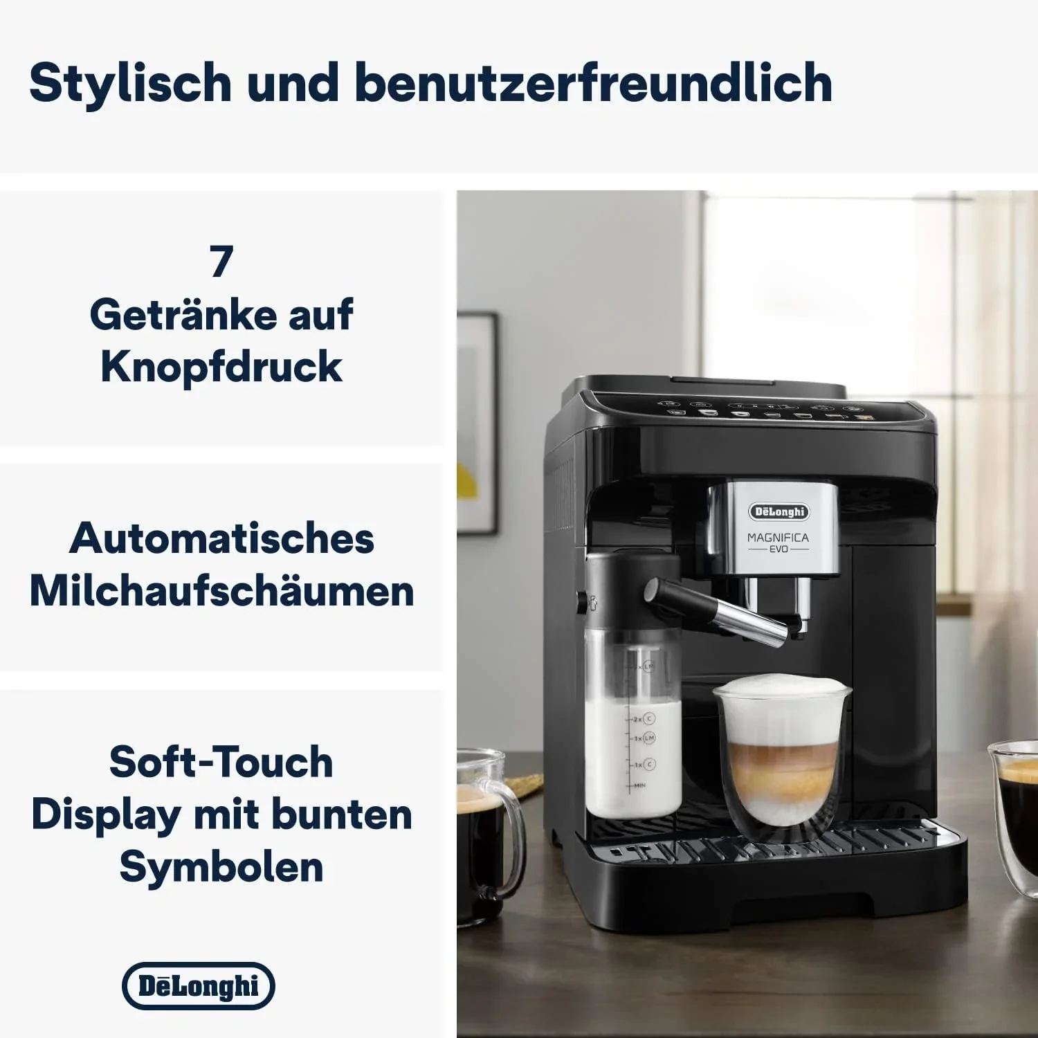 De'Longhi Magnifica Evo Next ECAM312.80.TB, Kaffeevollautomat mit 13 Getr?nken (Cappuccino, Espresso, Latte Macchiato), 2,4'' TFT Farbdisplay, LatteCrema Milchsystem, 2-Tassen-Funktion, Titan