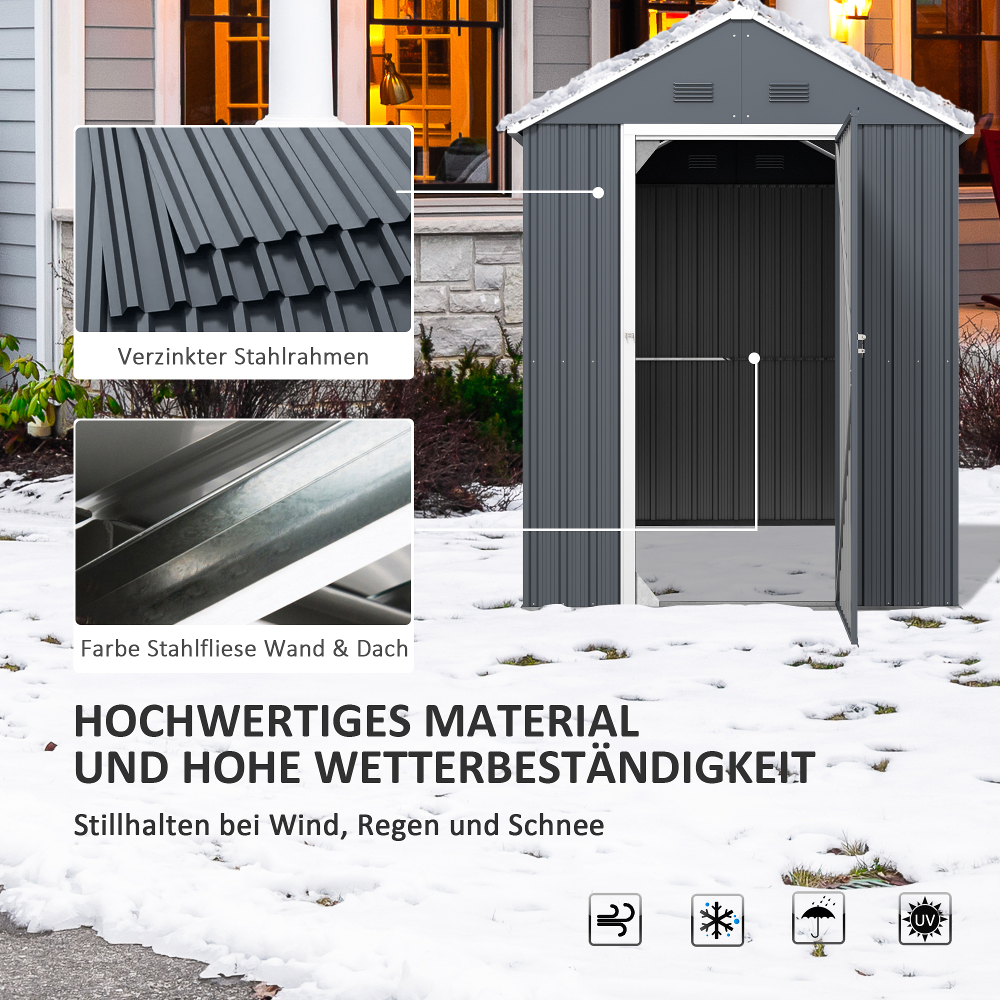 Outsunny Tuinhuis, metalen opbergschuur, dubbele deur, raam, 259x172x222 cm, grijs/wit