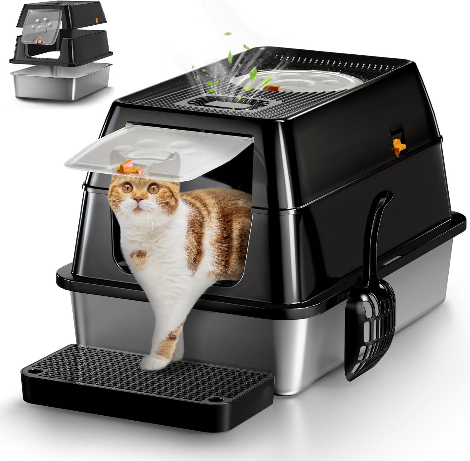 Lettiera per Gatti in Acciaio Inox, Lettiera Gatto Chiusa XXL, Lettiera Gatto Grande con Pala in Metallo, Doppio Strato Opaco Toilette per Gatti Grande - Grigio