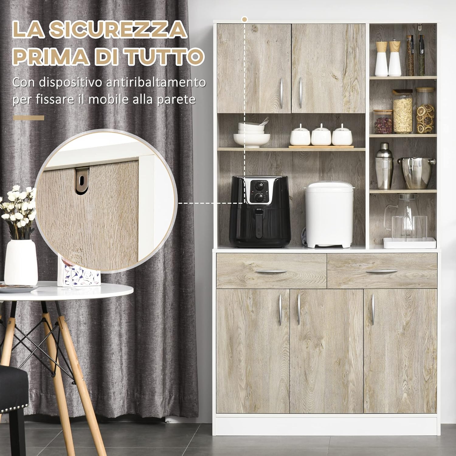HOMCOM Mobile Buffet Dispensa Cucina, Ante Cassetti e Vani Aperti, 100L x 39P x 181.5Acm Bianco e Legno