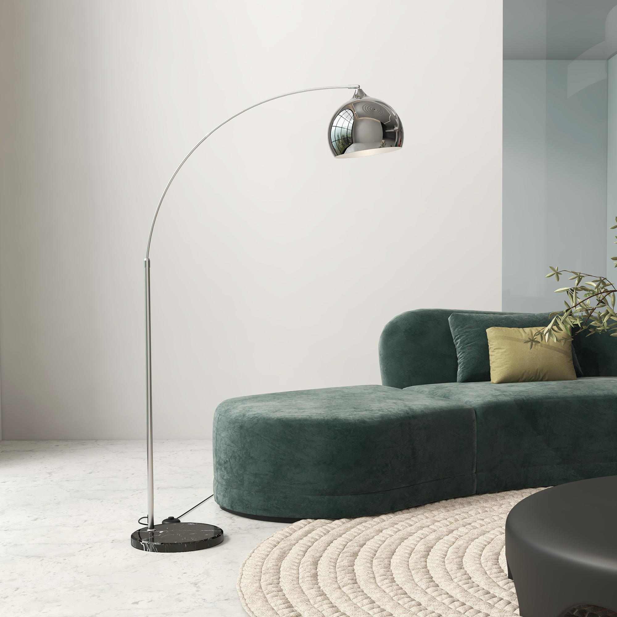 HOMCOM Bogenleuchte, Stehlampe, höhenverstellbar, Fußschalter, Sockel in Marmoroptik, 170-180cm, Silber/Schwarz