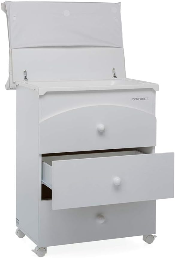 Foppapedretti Bagnetto Fasciatoio IlBagnetto, Legno, Made in Italy, 3 Cassetti, Piano Fasciatoio Ribaltabile, Vaschetta Anatomica Estraibile, 4 ruote, Materissani Incluso, 89x46x69 cm, Bianco