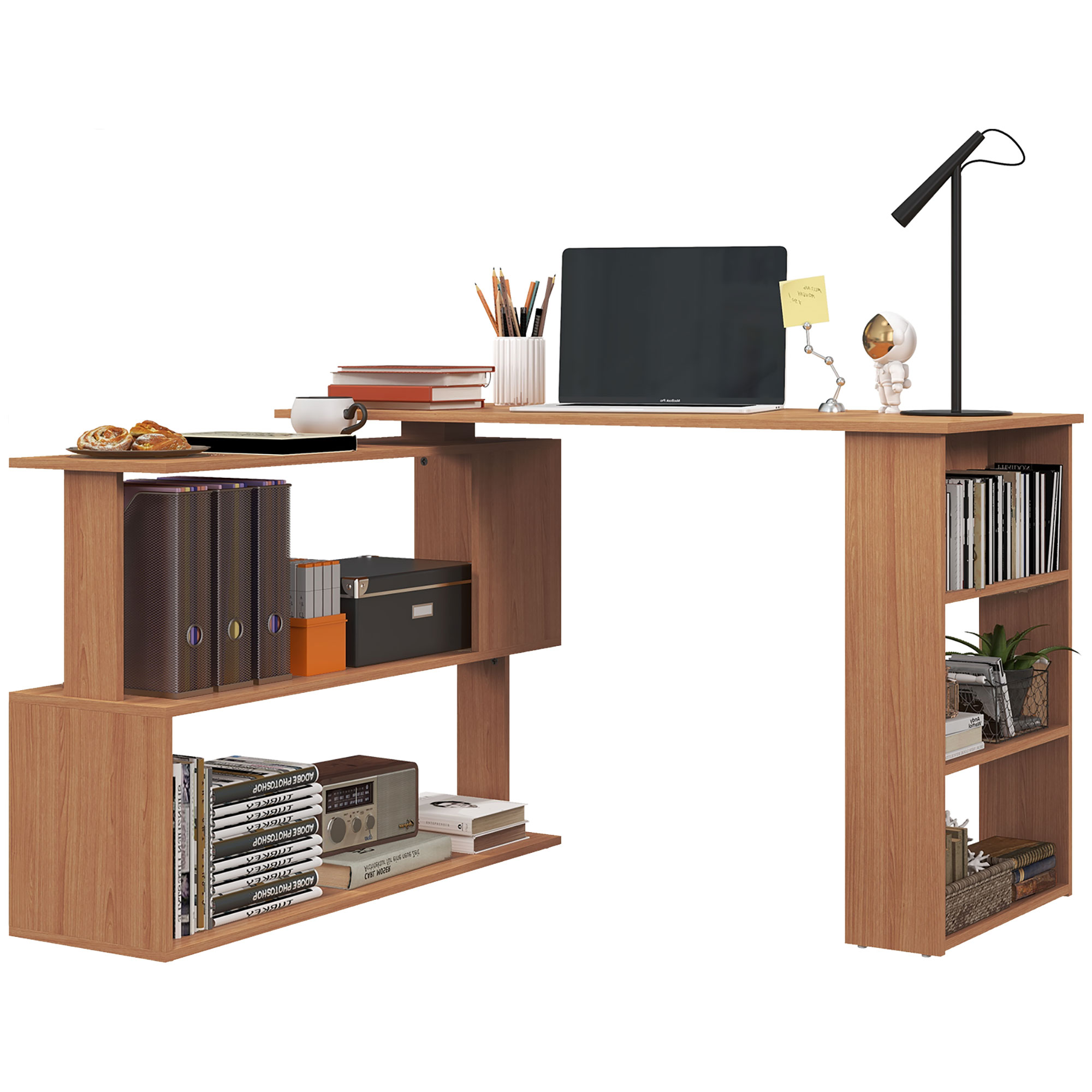 HOMCOM Eckschreibtisch für Computer PC mit drehbarem L-Design und 5 Regalen für Zuhause und Büro, Esstisch aus Holz, 120x110x74.5 cm