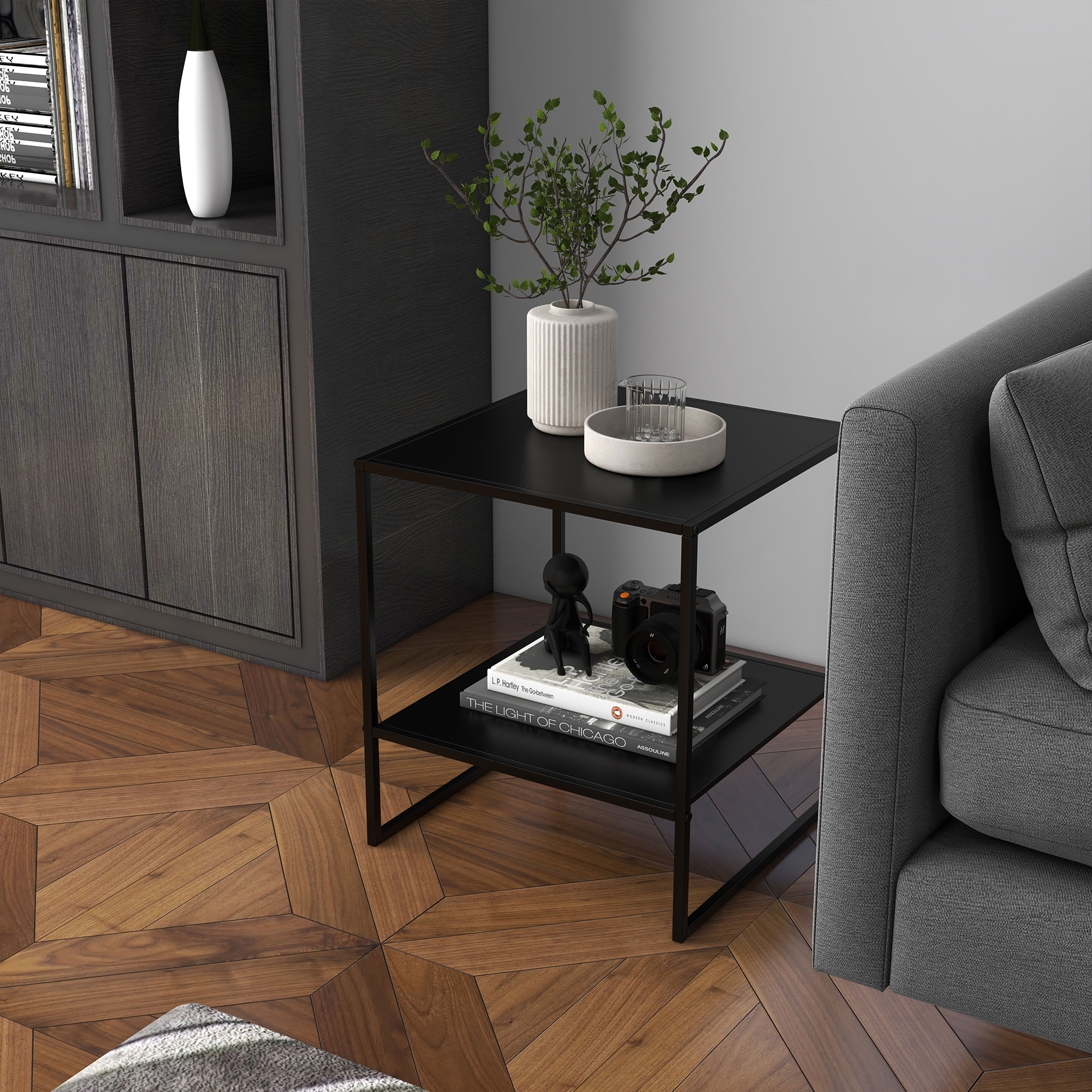 HOMCOM Beistelltisch im Industriedesign Couchtisch Nachttisch, 1 Ablage, Schwarz