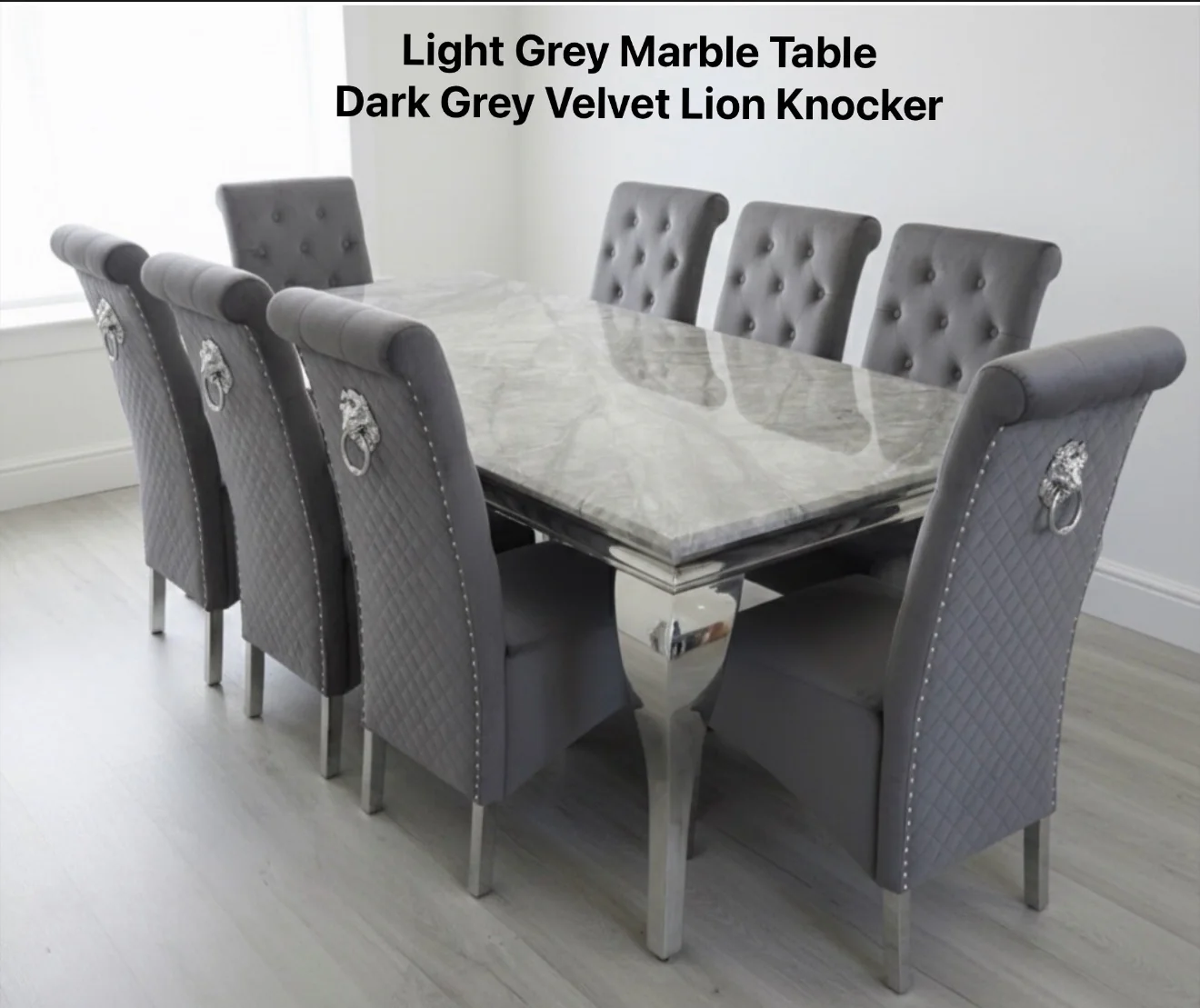 Louis Marble Dining Table + Sofia Dining Chairs Lion Knocker