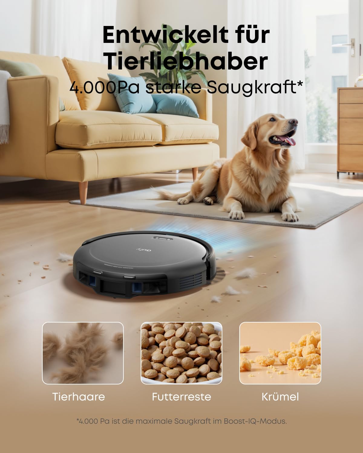 Saugroboter mit automatischer Absaugstation, 4000 Pa Saugkraft, 7,2 cm flach, für Tierhaare