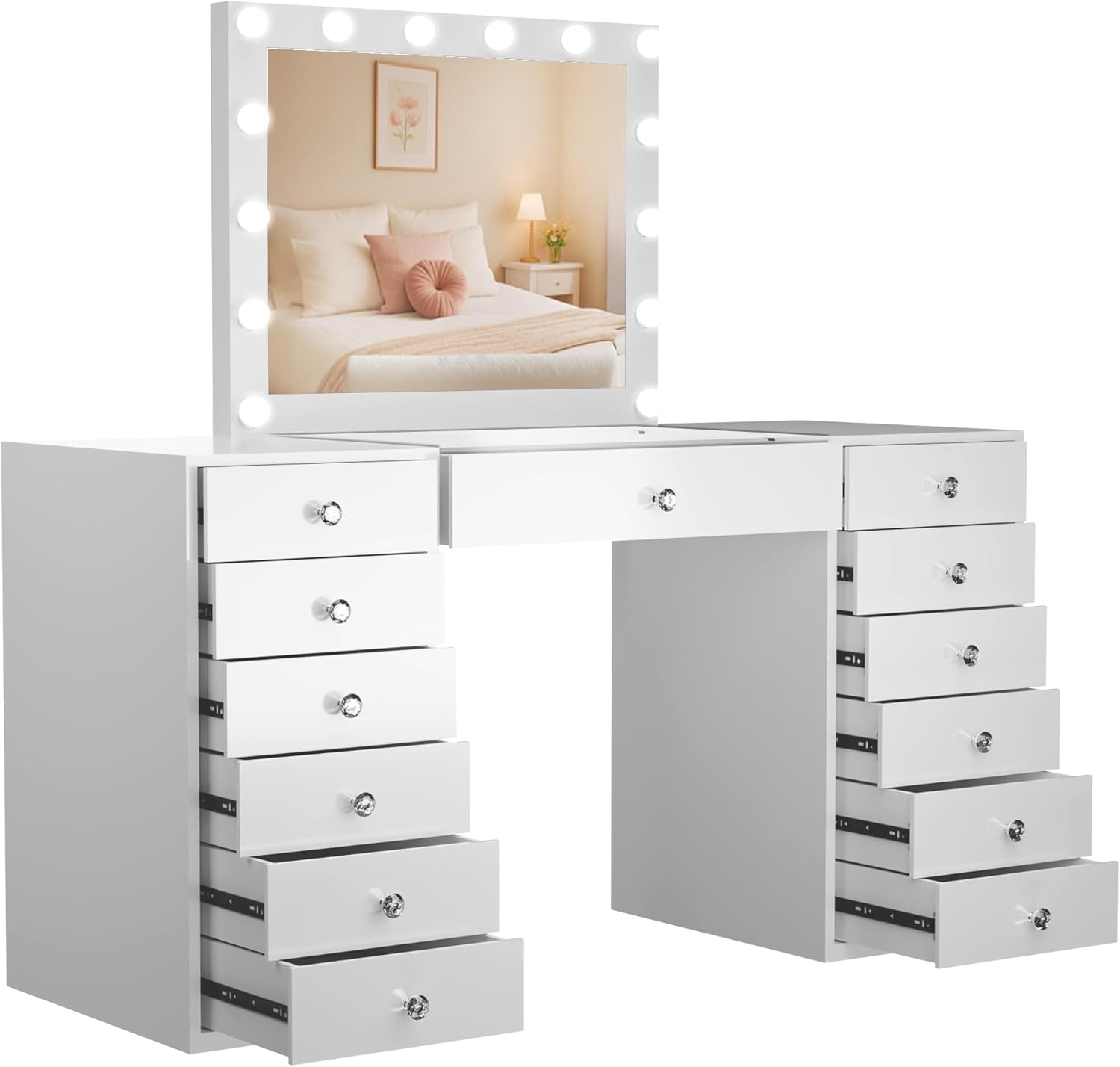 CLP Atalla Makeup Table with Lighting and Mirror, 100 x 80 cm, Hollywood LED Mirror with 3 Light Shades, USB-A and USB-C Sockets, Colour: White