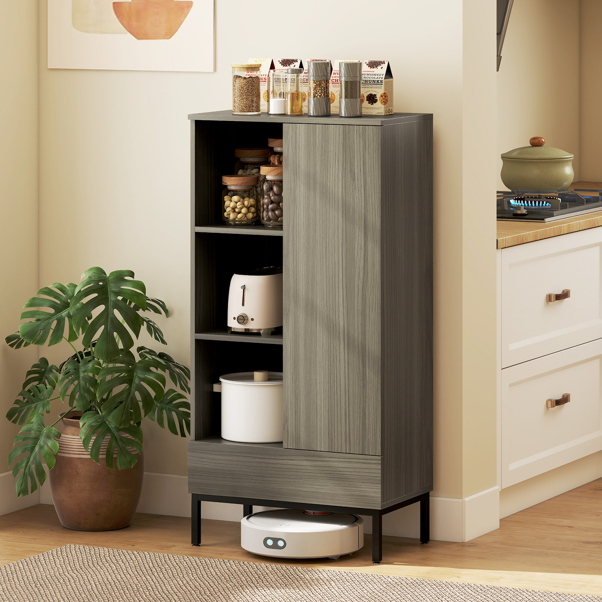 HOMCOM Aparador für Wohnzimmer Modern mit Tür Schublade Verstellbares Regal und 3 offenen Fächern 60x34x121 cm Natürlich