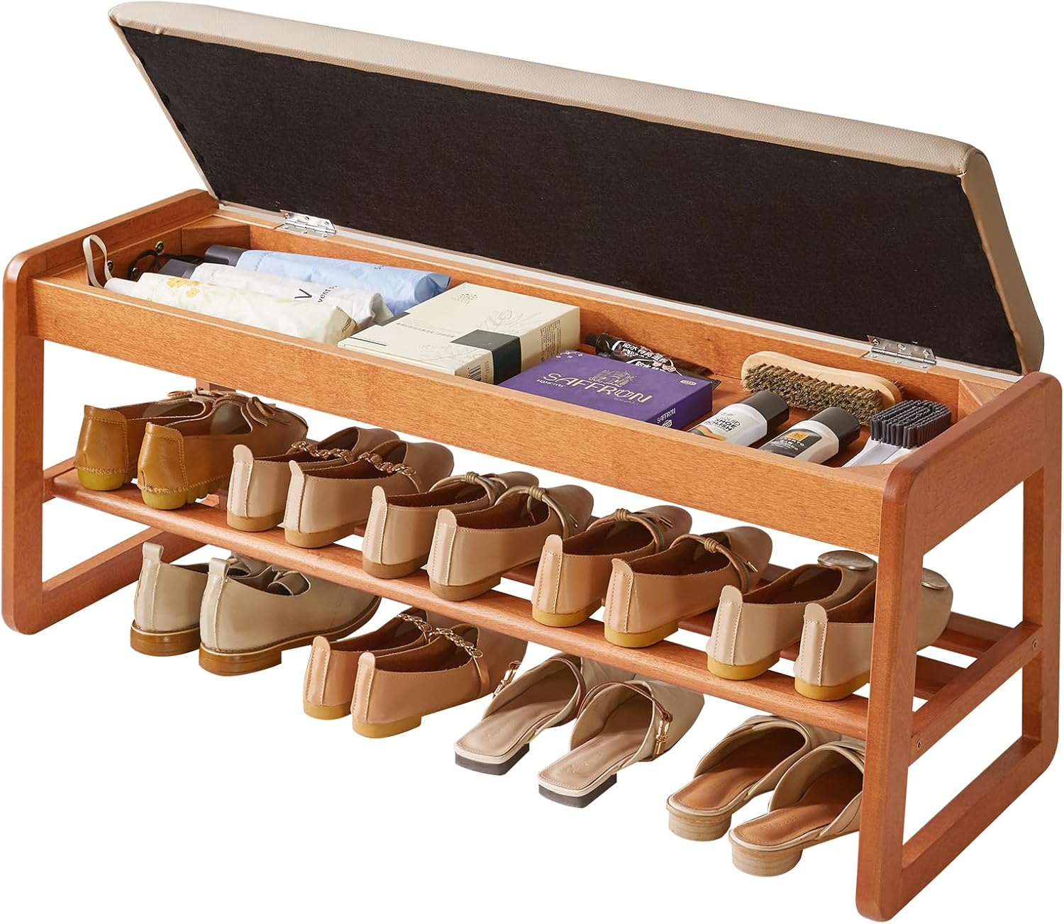 Aibiju Schuhbank mit Kissen, Kirschholzfarbe YD-WD062C, 100 cm Schuhregal für Eingangsbereich, Aufbewahrungsbank mit gepolsterter Sitzfläche, Flur