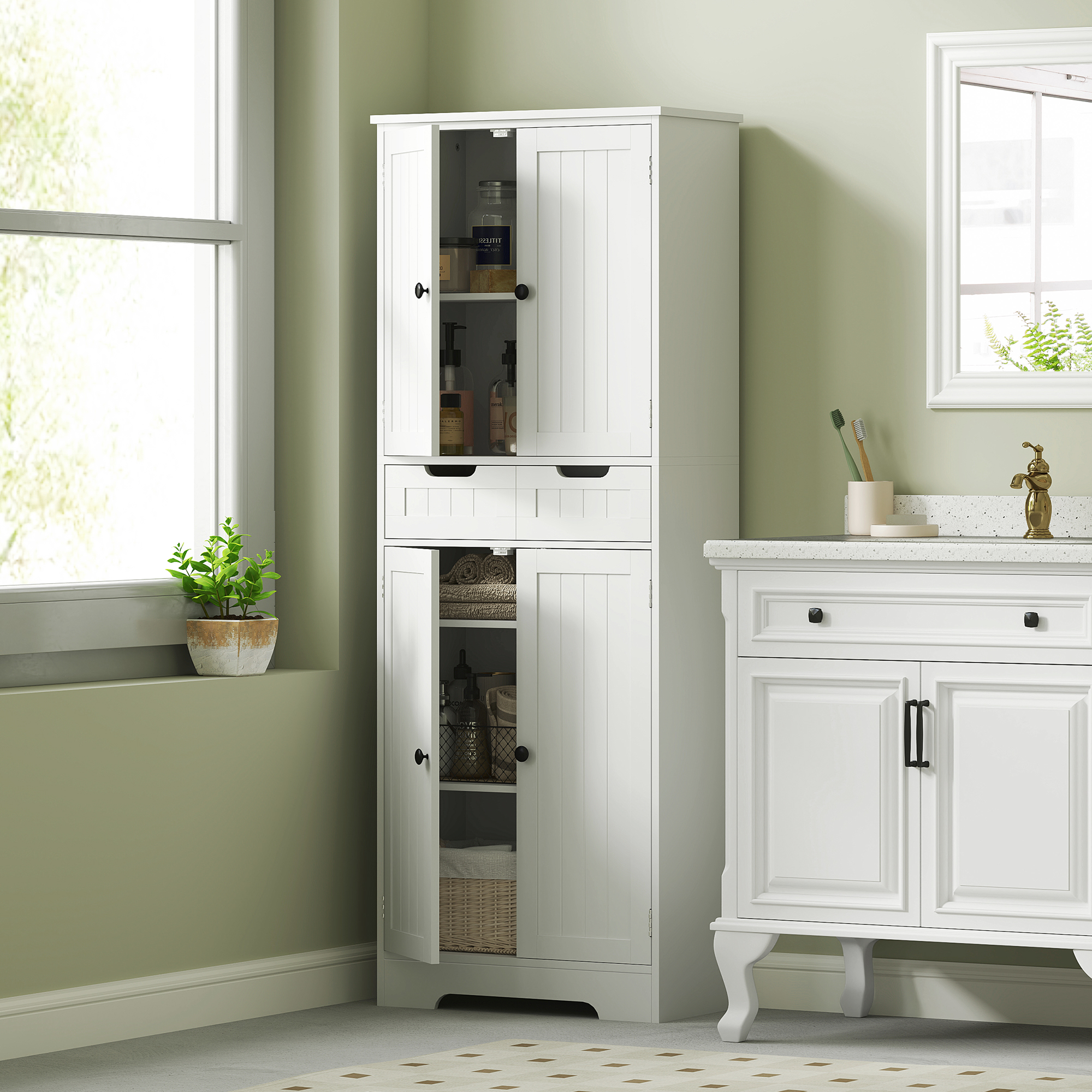 HOMCOM Badezimmerschrank mit Schublade, Türenschrank, verstellbares Regal, 60 x 30 x 160 cm, Weiß