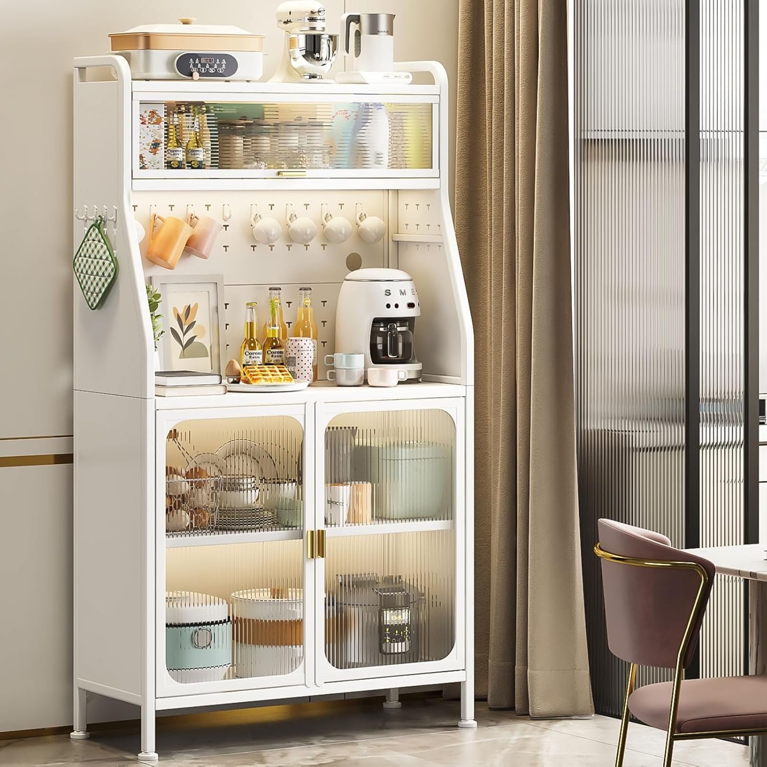 Credenza Cucina Alta con Ruote,Installazione senza viti,Mobile Microonde,Mobile Buffet con Ripiani Regolabili e Ante,Credenza Alta per Cucina,Soggiorno, Studio 160x66x36cm Bianco