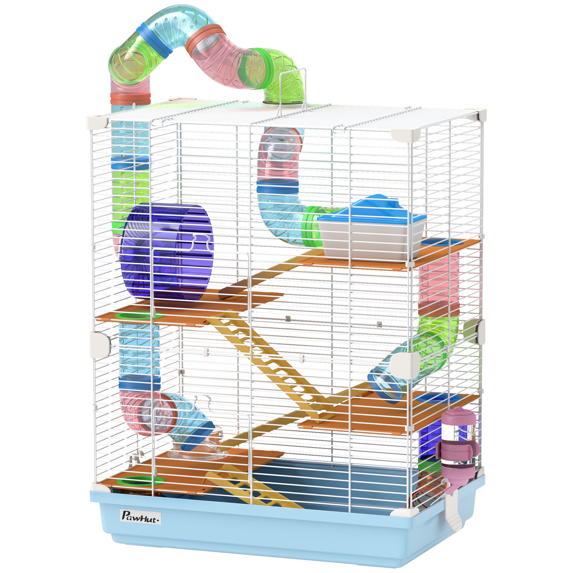 PawHut Hamsterkäfig mit 5 Etagen inkl. Röhren, Rad, Leitern, Häuschen und Flasche, aus Metall, PP und PS, 46x30x58 cm