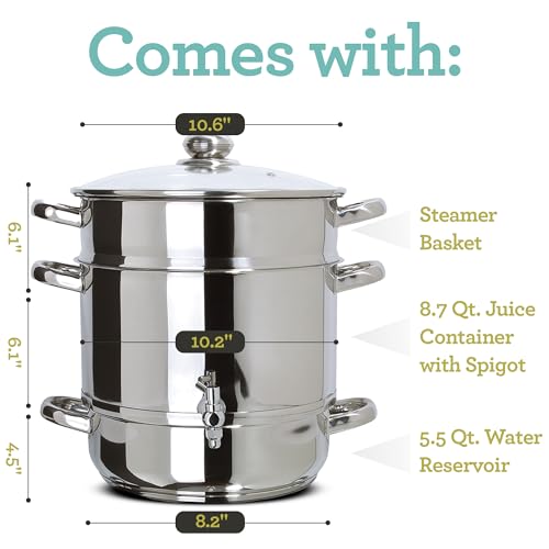Euro Cuisine EC9500 Stove Top Steam Juicer, Stainless Steel Steam Juice Extractor, 5 Qt. Water Reservoir, 8 Qt. Juice Container with Spigot, 8 Qt. Steamer Basket, Glass Lid   Steam Juicer for Canning: Home & Kitchen