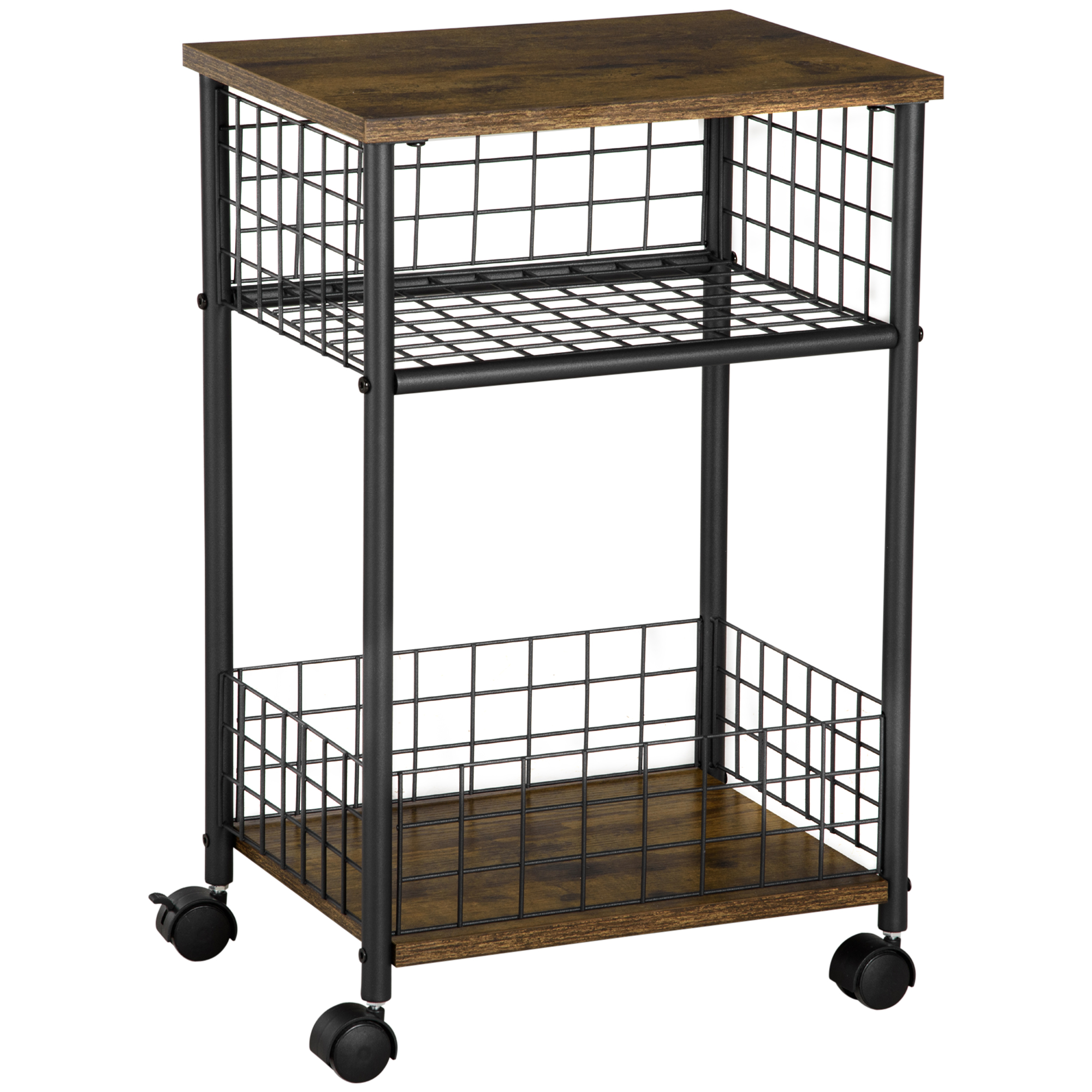 HOMCOM Küchenwagen im Industriedesign 1 Regal 1 Aufbewahrungskorb 4 Räder 40 cm x 30 cm x 62 cm Stahl Schwarz + Braun