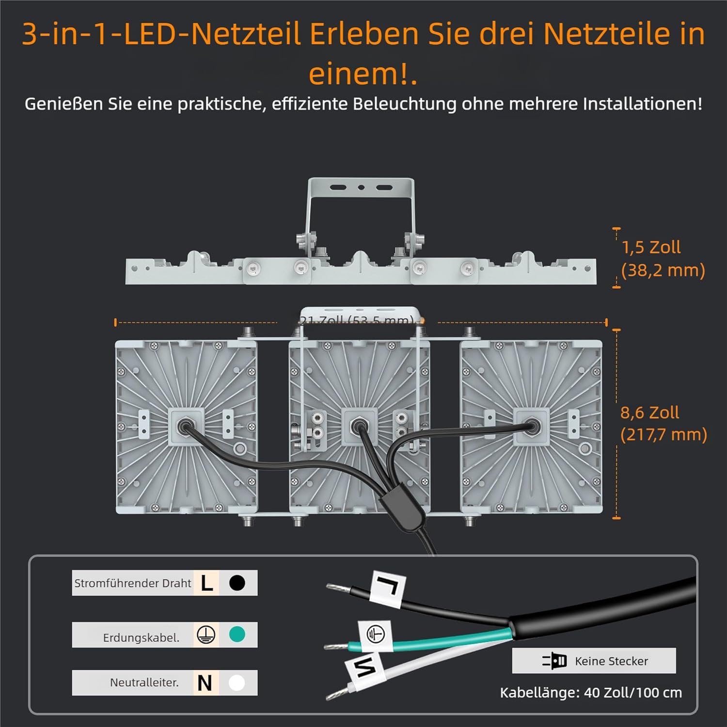 SOLLA-2025 Lite 300W LED Außenflutlicht, 30000LM, 6000K Tageslichtweiß IP66 Wasserdicht, 3 Köpfe Verstellbares Außen-Sicherheitsbeleuchtung für Parkplätze, Höfe, Baustelle, Grau-2 Pack