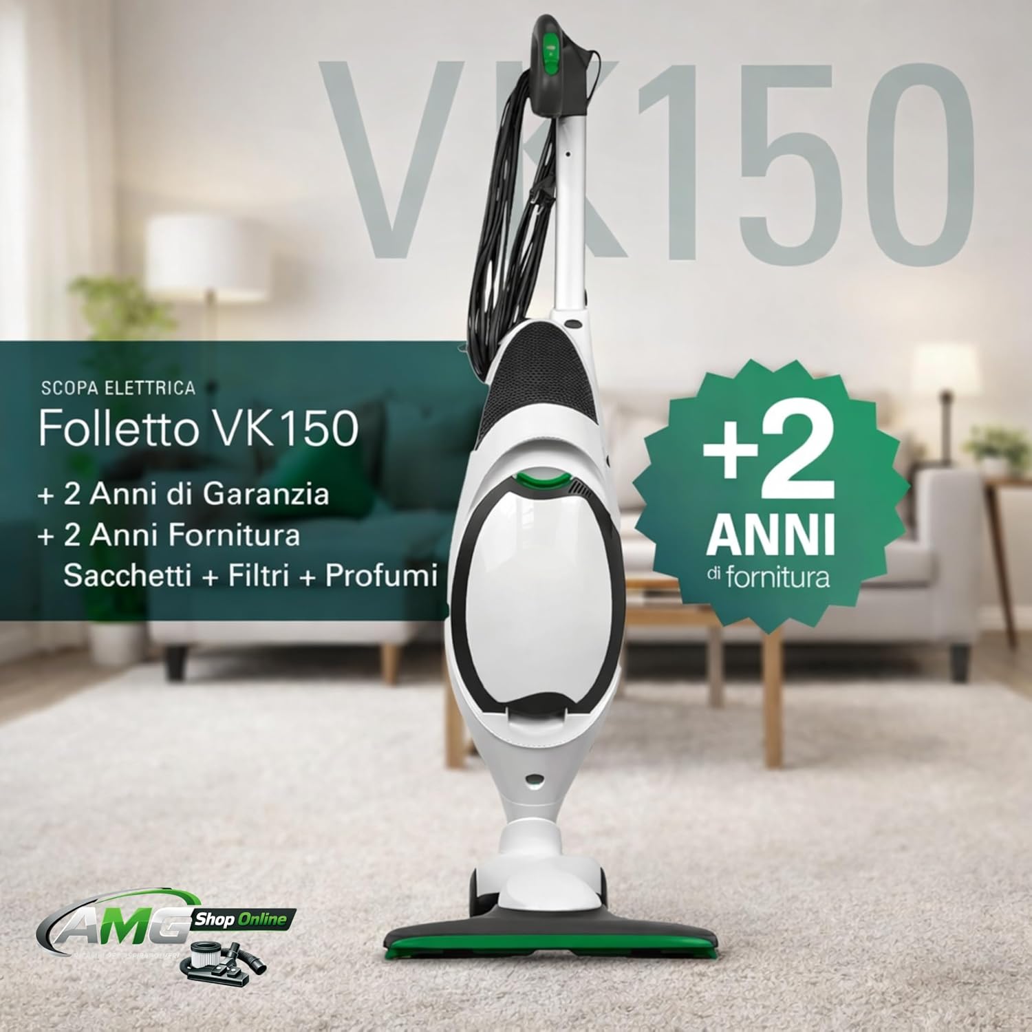 Aspirapolvere FOLLETTO VK150 + 12 SACCHETTI + PROFUMINI + GRIGLIA, Con Motore 60.000 giri/min, Emissione Polveri 0,0001 mg/m³, Sacco 2,5 L, PESO: 3 Kg