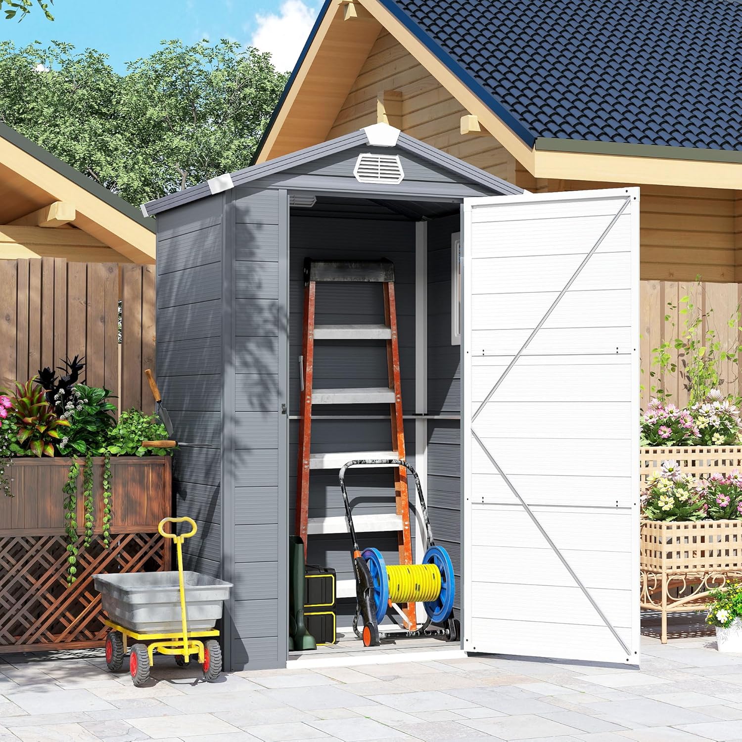 Outsunny Gerätehaus 1,1m², Geräteschuppen mit Satteldach, 133 x 102 x 208 cm, Kunststoff Gartenchuppen mit Abschließbar Tür Belüftungsöffnung Fenster Fundament, Gartenhaus für Garten Dunkelgrau