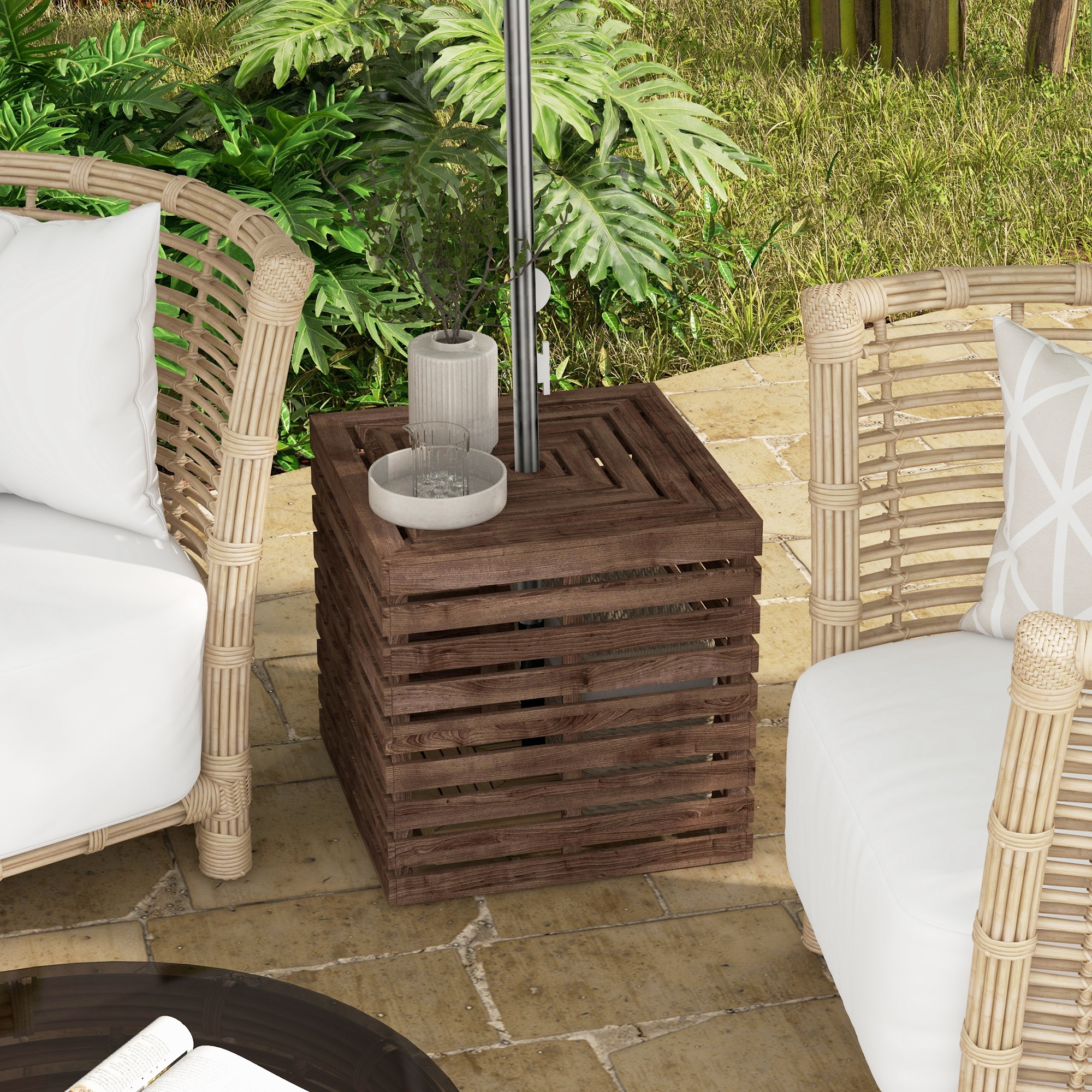 Outsunny Außenlagerbox 2 in 1 für Schirmständer, Terrassenbeistelltisch mit Sonnenschirmloch aus Holz