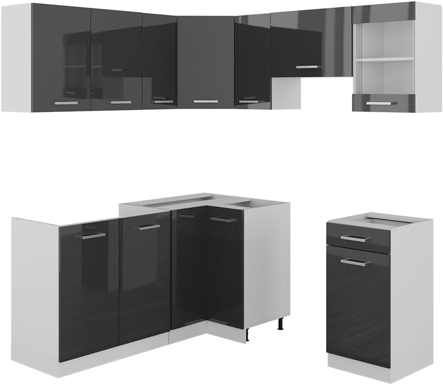 Vicco Cucina angolare completa Rick, Antracite lucido/bianco, 190 x 60 cm, PL Marmo